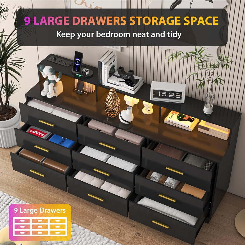 Black 9 Drawer Dressers for Bedroom, Modern Large Dresser with LED Light and Power Outlet, Wooden Long Dressers, Triple Dresser for Bedroom, Entryway, Hallway