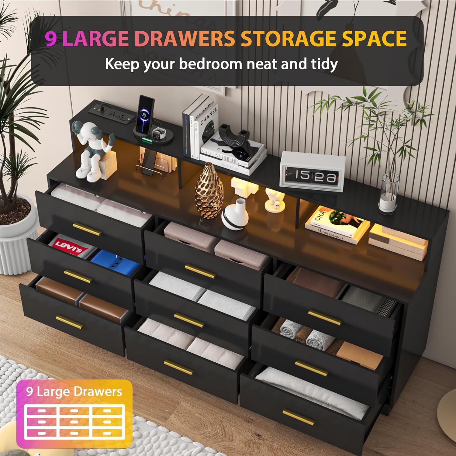 Black 9 Drawer Dressers for Bedroom, Modern Large Dresser with LED Light and Power Outlet, Wooden Long Dressers, Triple Dresser for Bedroom, Entryway, Hallway
