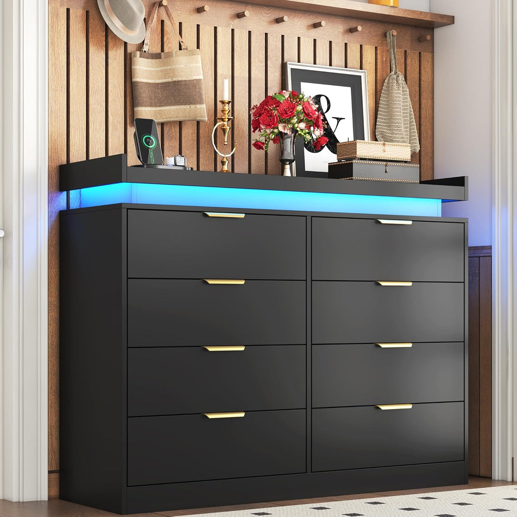 8 Drawer Dressers for Bedroom, Black Dresser with LED Lights and Power Outlet, Wood LED Dresser, Double Wide Modern Chest of Drawers for Bedroom, Entryway, Hallway