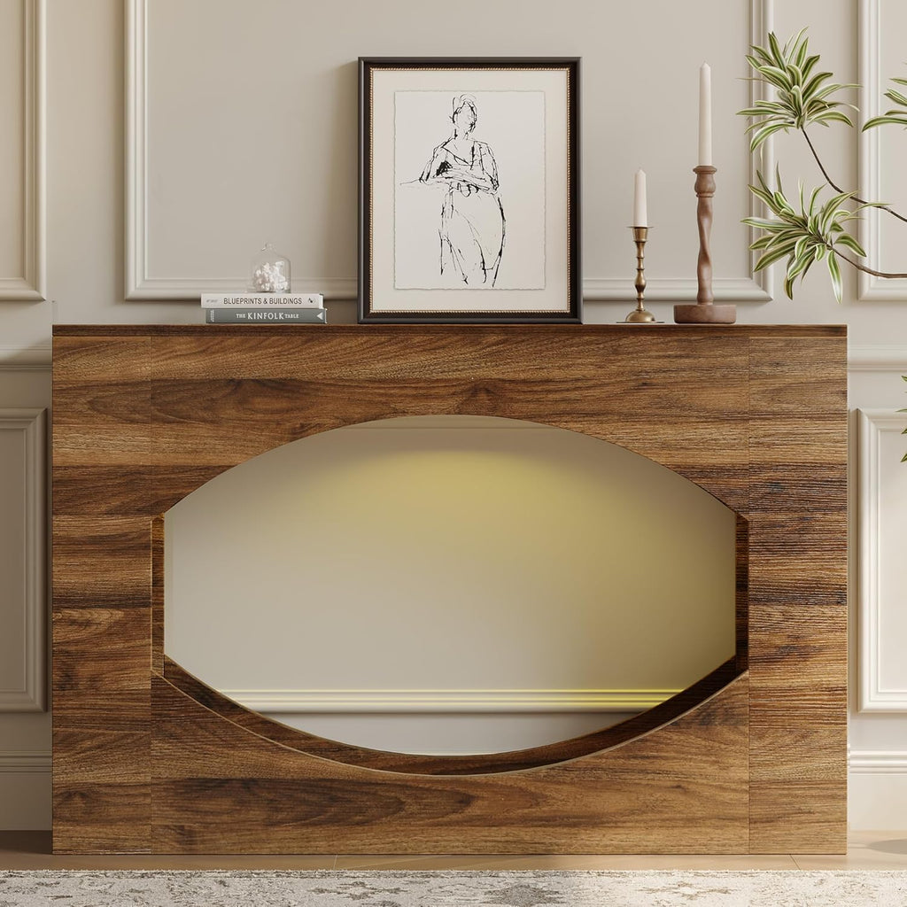 47" Console Table with LED, 2-Tier Entryway Table with Storage, Long Sofa Table Behind Couch, Narrow Farmhouse Accent Tables for Living Room, Hallway, Foyer, Wood, Brown