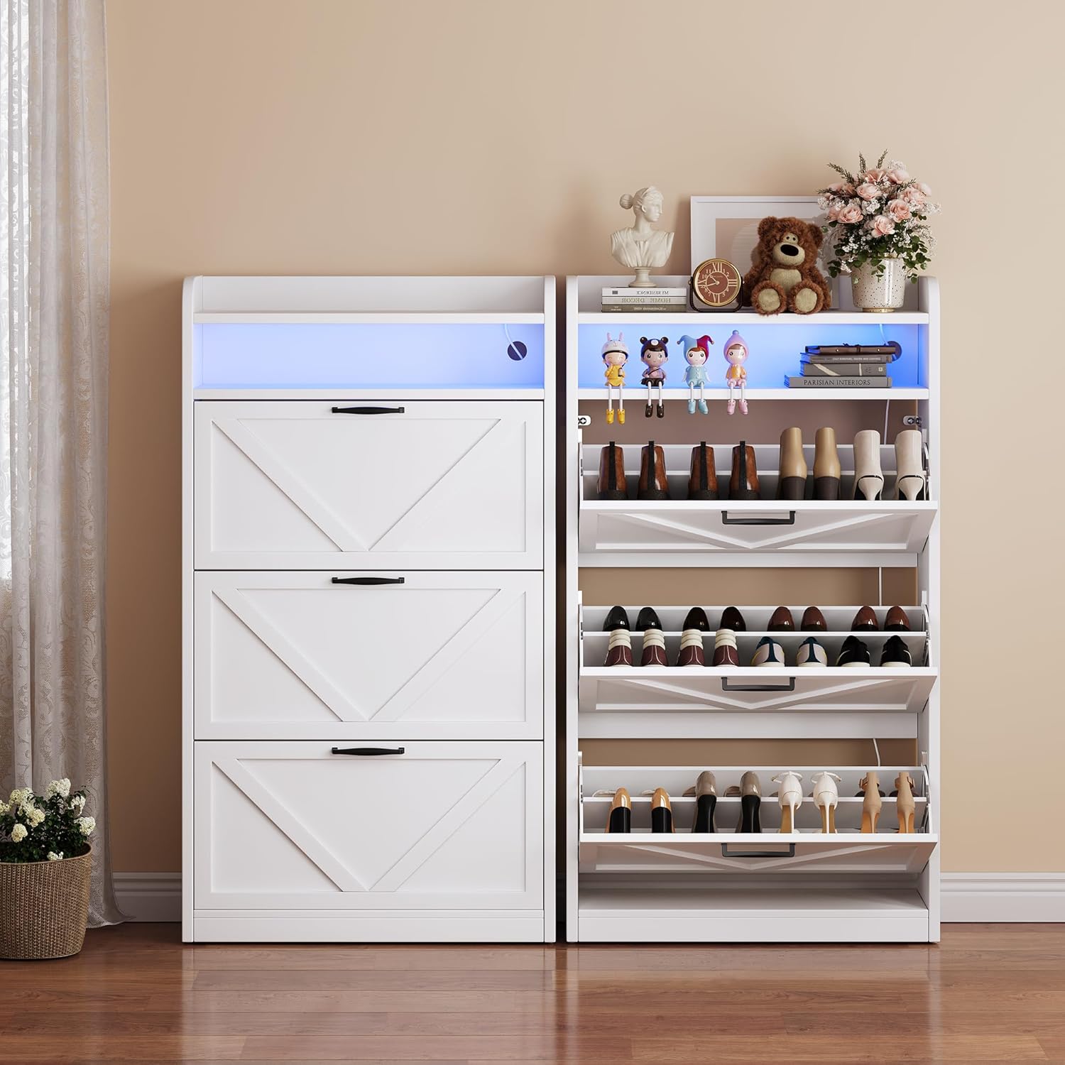 Wooden Shoe Cabinet, Narrow LED Shoe Rack Closed Storage Organizer with Adjustable Shelf, Freestanding Hidden Shoe Cabinet Storage for Entryway,Living Room(3 Drawers with LED, Linen White)