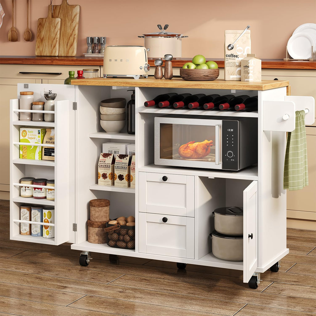 Rolling Kitchen Island with Storage Cabinet, 41.3'' Width Kitchen Cart with Desktop Drop Leaf Countertop, Portable Mobile Island with Towel Rack, Spice Rack Shelf and Lockable Wheels, Black