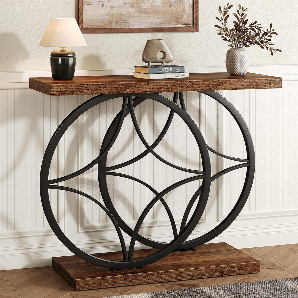 39.4" Console Table, Industrial Entryway Table with Anti-Tilt Design, Narrow Wood Accent Sofa Table Behind Couch with Double Circle Base for Entryway, Living Room, Hallway, Foyer