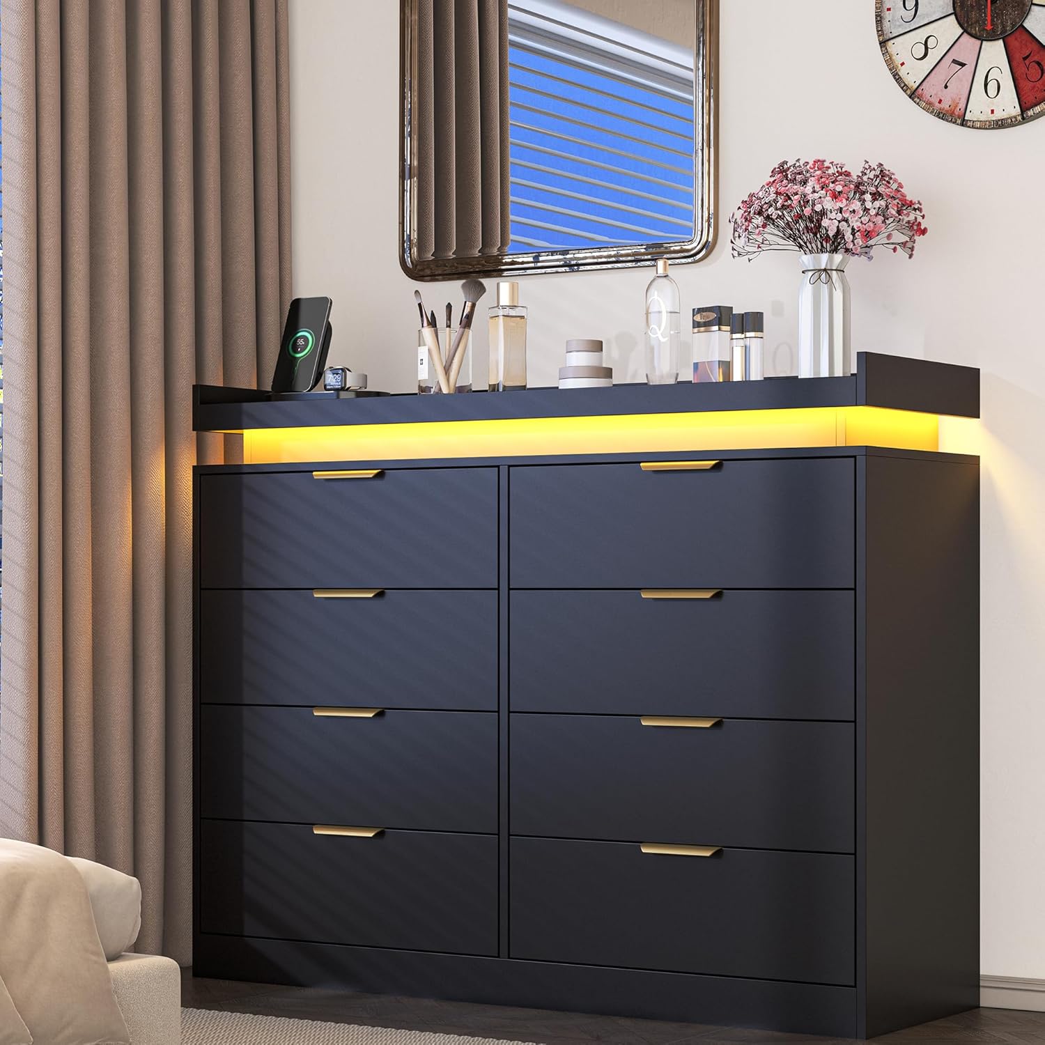 8 Drawer Dressers for Bedroom, Black Dresser with LED Lights and Power Outlet, Wood LED Dresser, Double Wide Modern Chest of Drawers for Bedroom, Entryway, Hallway