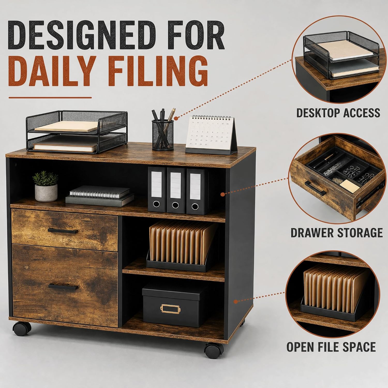 Feonase Mobile File Cabinet with 2 Drawers,3 Storage Shelf, Safe Box Layout