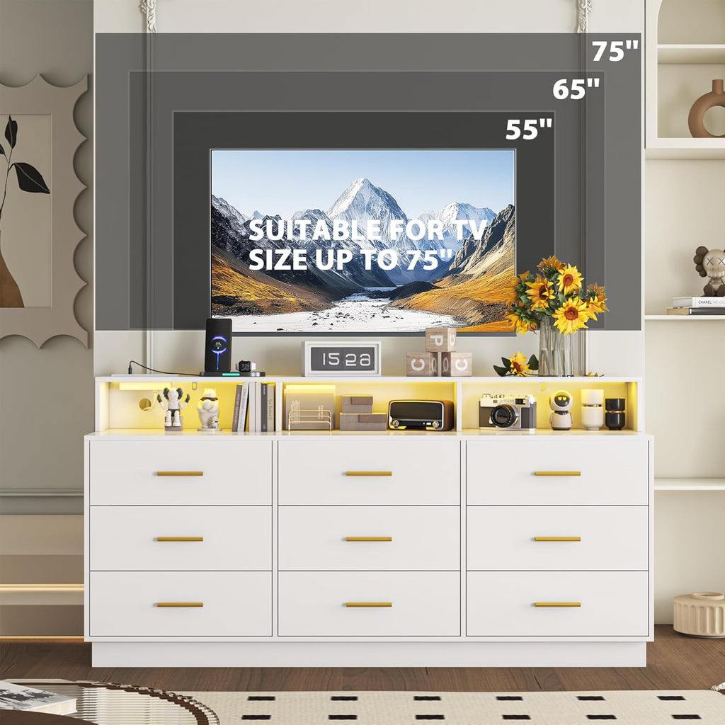 White 9 Drawer Dressers for Bedroom, Modern Large Dresser with LED Light and Power Outlet, Wooden Long Dresser, Triple Dressers for Bedroom, Entryway, Hallway