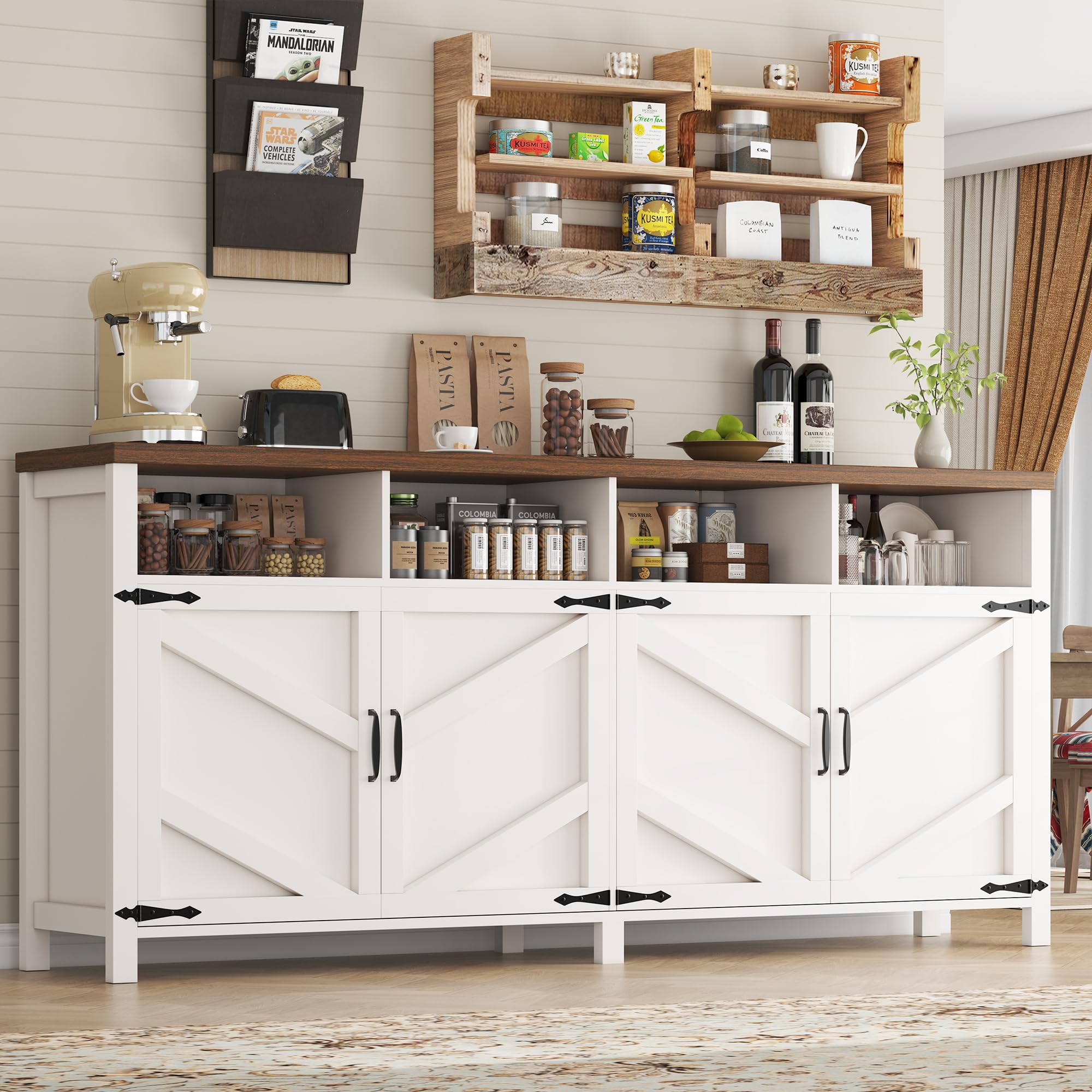 Buffet Sideboard with Storage Farmhouse with 4 Doors, 47'' Large Kitchen Storage Cabinet Wood Coffee Bar Cabinet Buffet Table with Shelves for Kitchen, Dining Room, Entryway