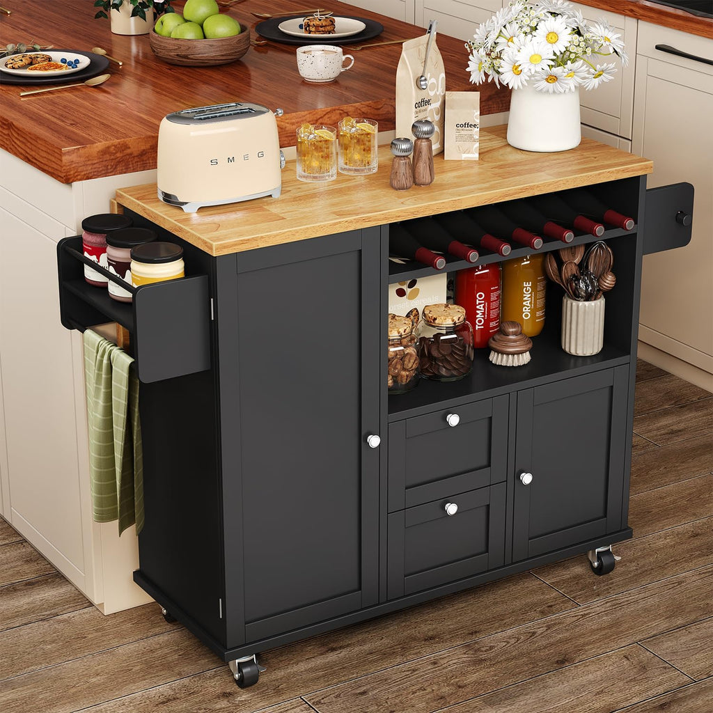 Rolling Kitchen Island with Storage Cabinet, 41.3'' Width Kitchen Cart with Desktop Drop Leaf Countertop, Portable Mobile Island with Towel Rack, Spice Rack Shelf and Lockable Wheels, Black