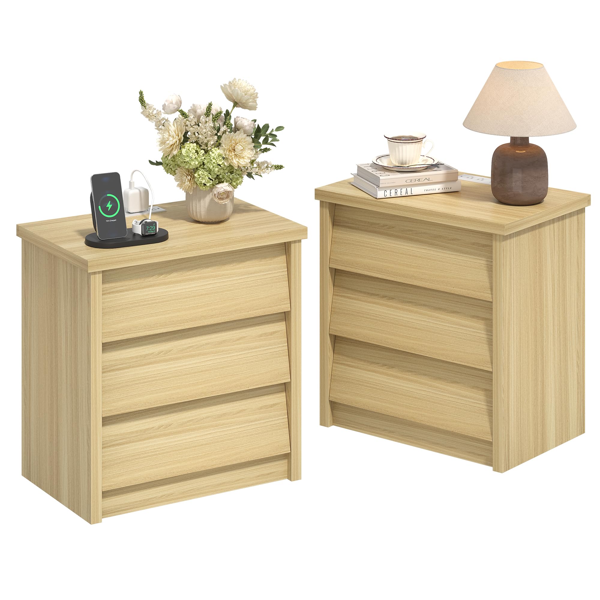 23" Wide Nightstand with Charger Station, Wood Night Stand with 3 Drawers, Modern Bedside Table with USB Ports and Outlets, Storage Bed Side End Table for Bedroom, Living Room, Hallway (Natural)