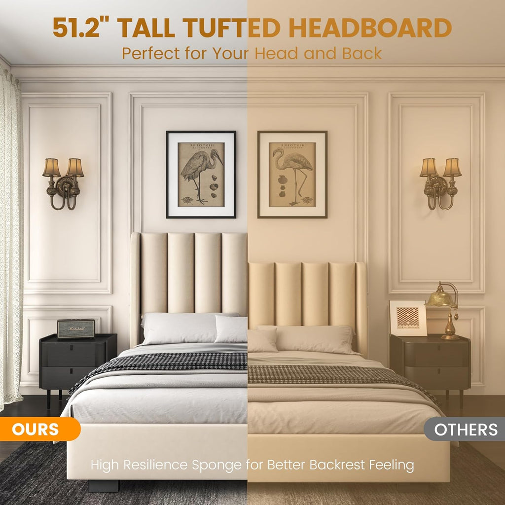 Queen Size Lift Up Storage Bed Frame with 51" Tall Headboard, Upholstered Velvet Wingback Tufted Design, Wood Slats Support, No Box Spring Required, Noise-Free Double Bed Frame (Queen,Beige)