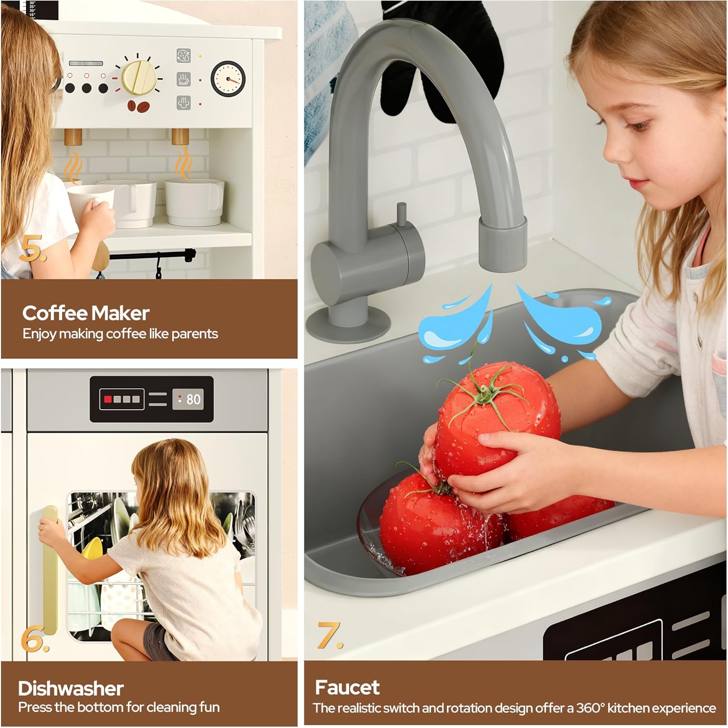 Play Kitchen for Kids, Wooden Toy Kitchen Set with Plenty of Play Features & Accessories, Toddler Kitchen Playset, Pretend Play Kitchen, Gift for Ages 3+