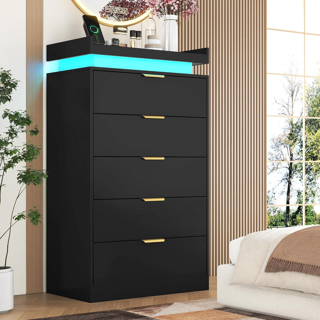 Tall Dresser for Bedroom, Black Dresser with LED Lights, Wood 5 Drawer Chest with Power Outlet, Modern Chest of Drawers for Bedroom, Living Room, Entryway, Hallway