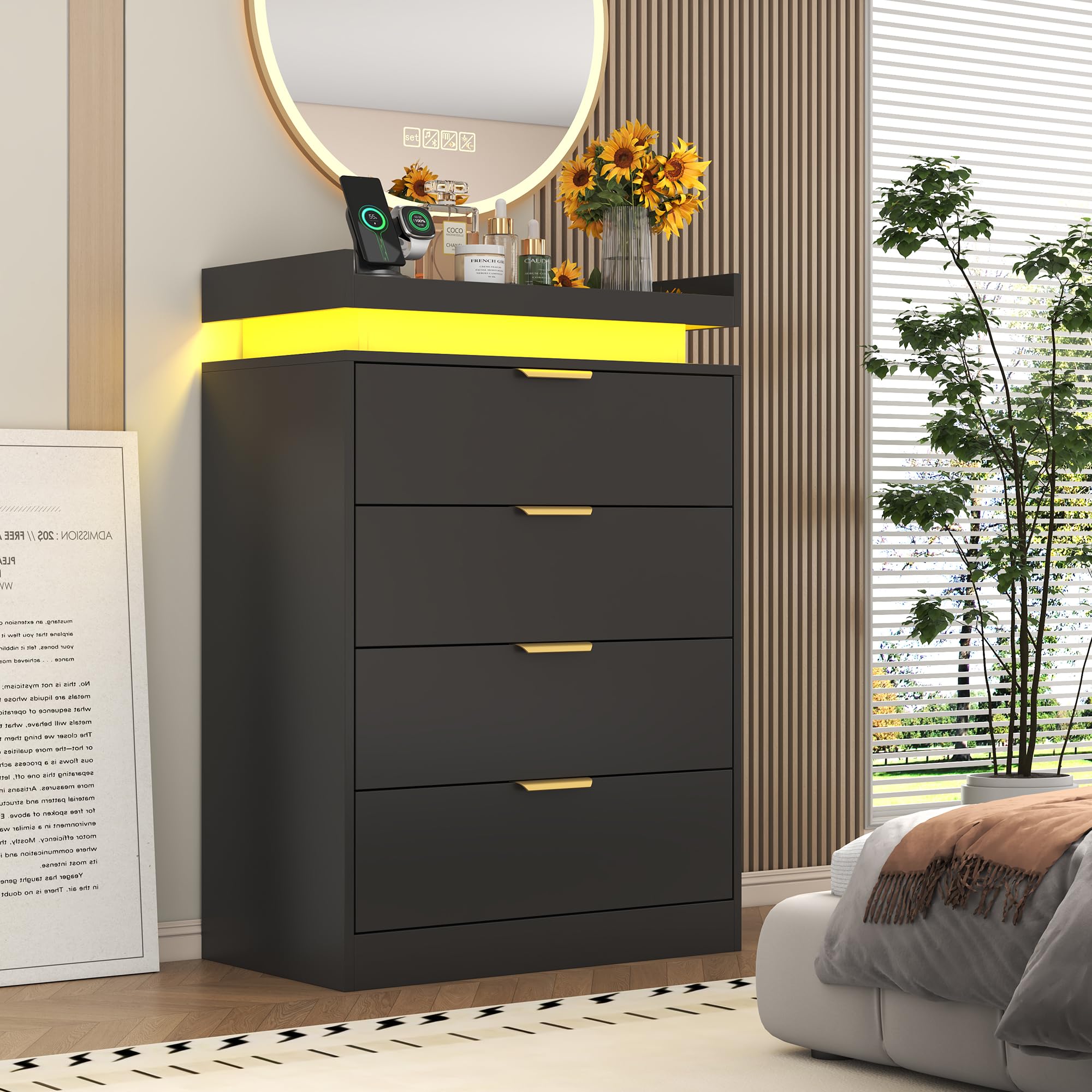 8 Drawer Dressers for Bedroom, Black Dresser with LED Lights and Power Outlet, Wood LED Dresser, Double Wide Modern Chest of Drawers for Bedroom, Entryway, Hallway