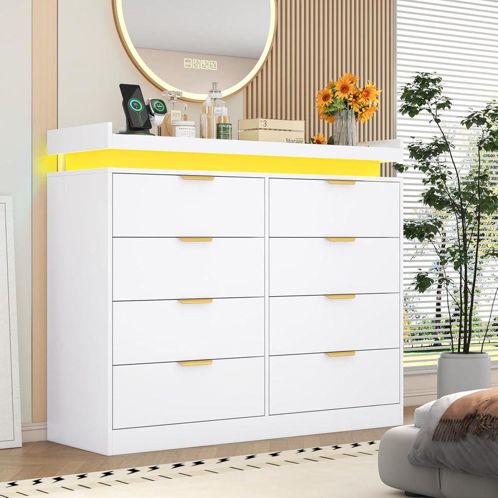 8 Drawer Dressers for Bedroom, White Dresser with LED Lights and Power Outlet, Wood LED Dresser, Double Wide Modern Chest of Drawers for Bedroom, Entryway, Hallway