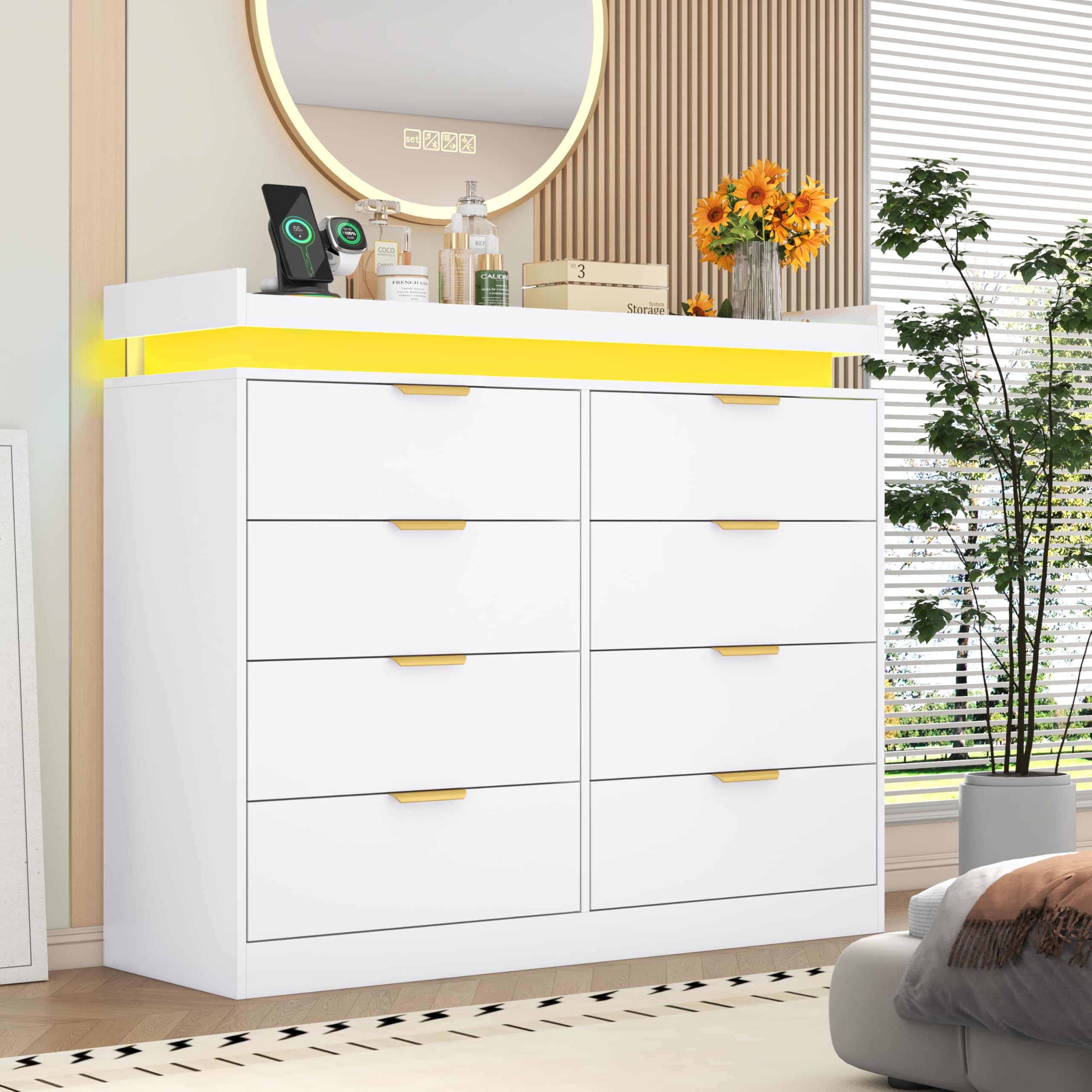 8 Drawer Dressers for Bedroom, Black Dresser with LED Lights and Power Outlet, Wood LED Dresser, Double Wide Modern Chest of Drawers for Bedroom, Entryway, Hallway