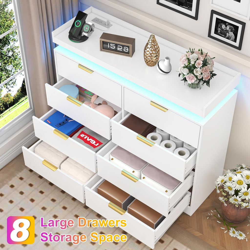 8 Drawer Dressers for Bedroom, White Dresser with LED Lights and Power Outlet, Wood LED Dresser, Double Wide Modern Chest of Drawers for Bedroom, Entryway, Hallway