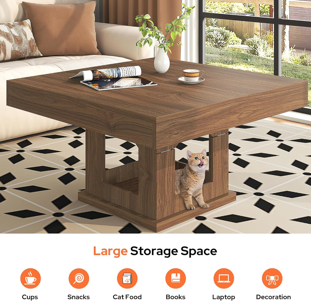 Square Coffee Table, Wooden Coffee Table with Storage and Cat House, Rustic Brown Cocktail Table for Living Room, Farmhouse Large Center Table
