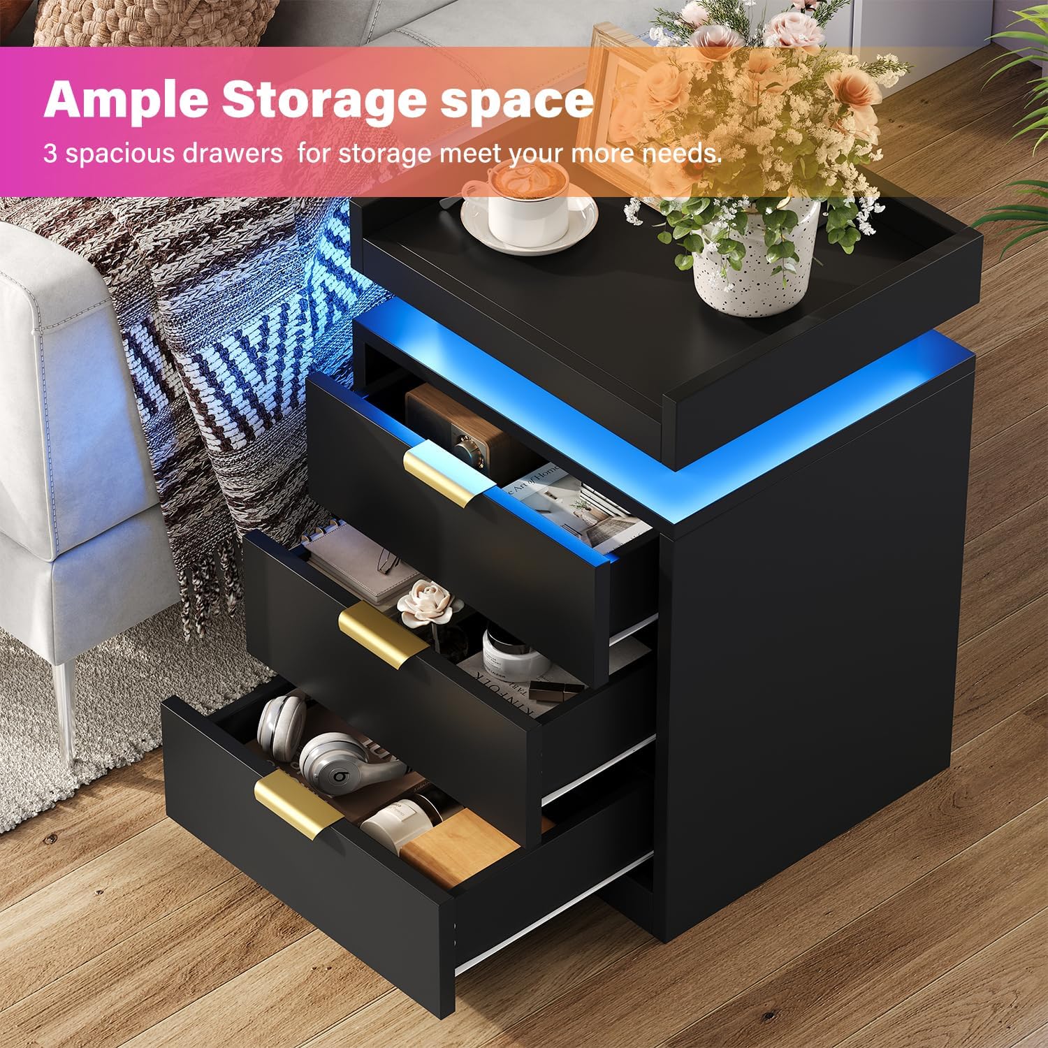 LED Nightstand with Charging Station & USB Ports, 3-Drawer Bedside Table with Adjustable RGB LED Lights, High-Gloss Modern Nightstands for Bedroom, Black