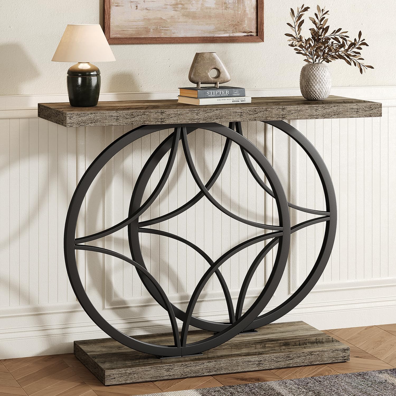 39.4" Entryway Table, Industrial Console Table for Entryway with Anti-Tilt Design, Narrow Wood Accent Sofa Table Behind Couch with Double Circle Base for Hallway, Living Room, Foyer (Industrial Grey)
