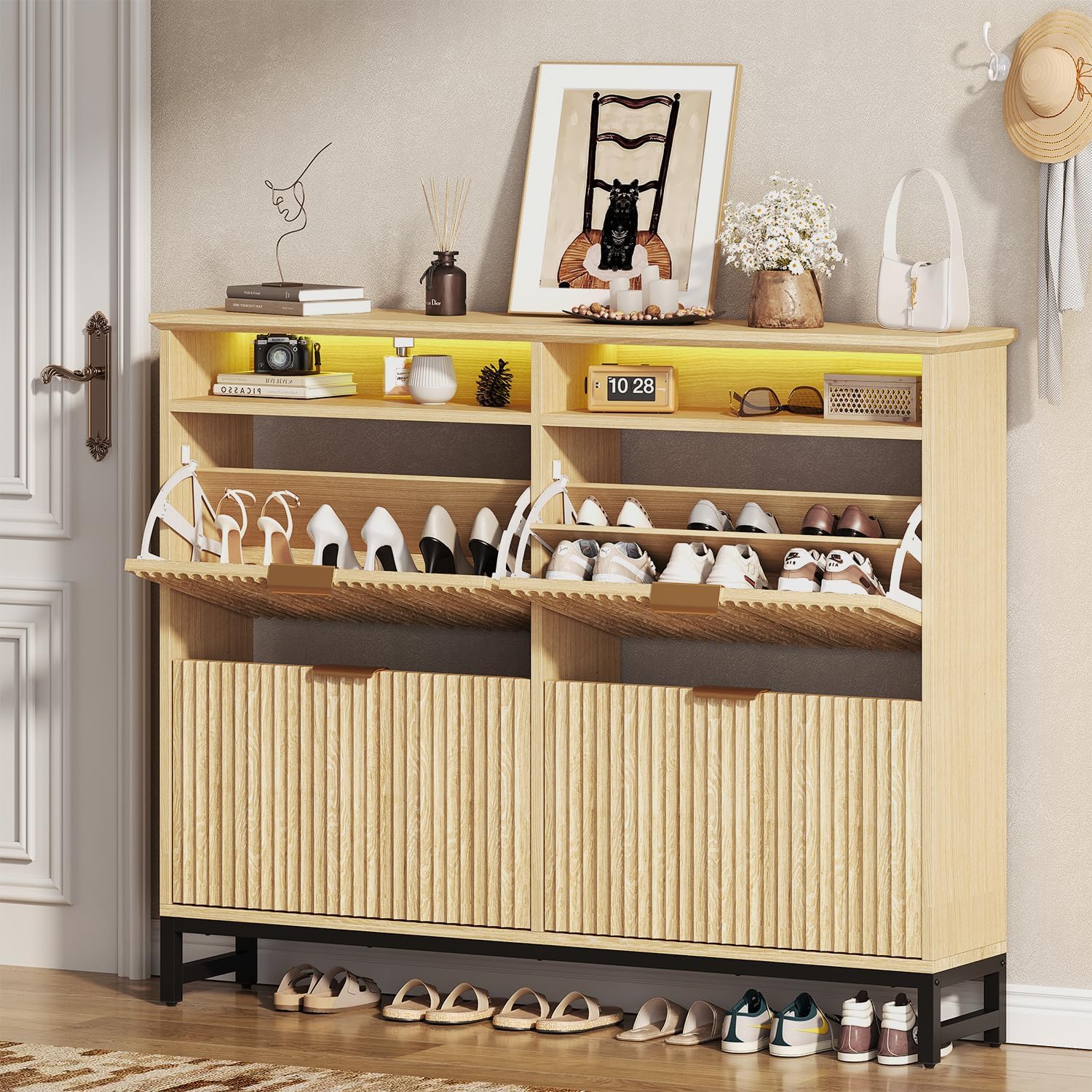 knoworld Fluted Shoe Storage Cabinet with 4 Flip Drawers, Narrow Freestanding Slim Shoe Organizer Cabinet for Entryway, Hidden Shoe Rack with Open Storage Space & LED Light for Hallway or Foyer