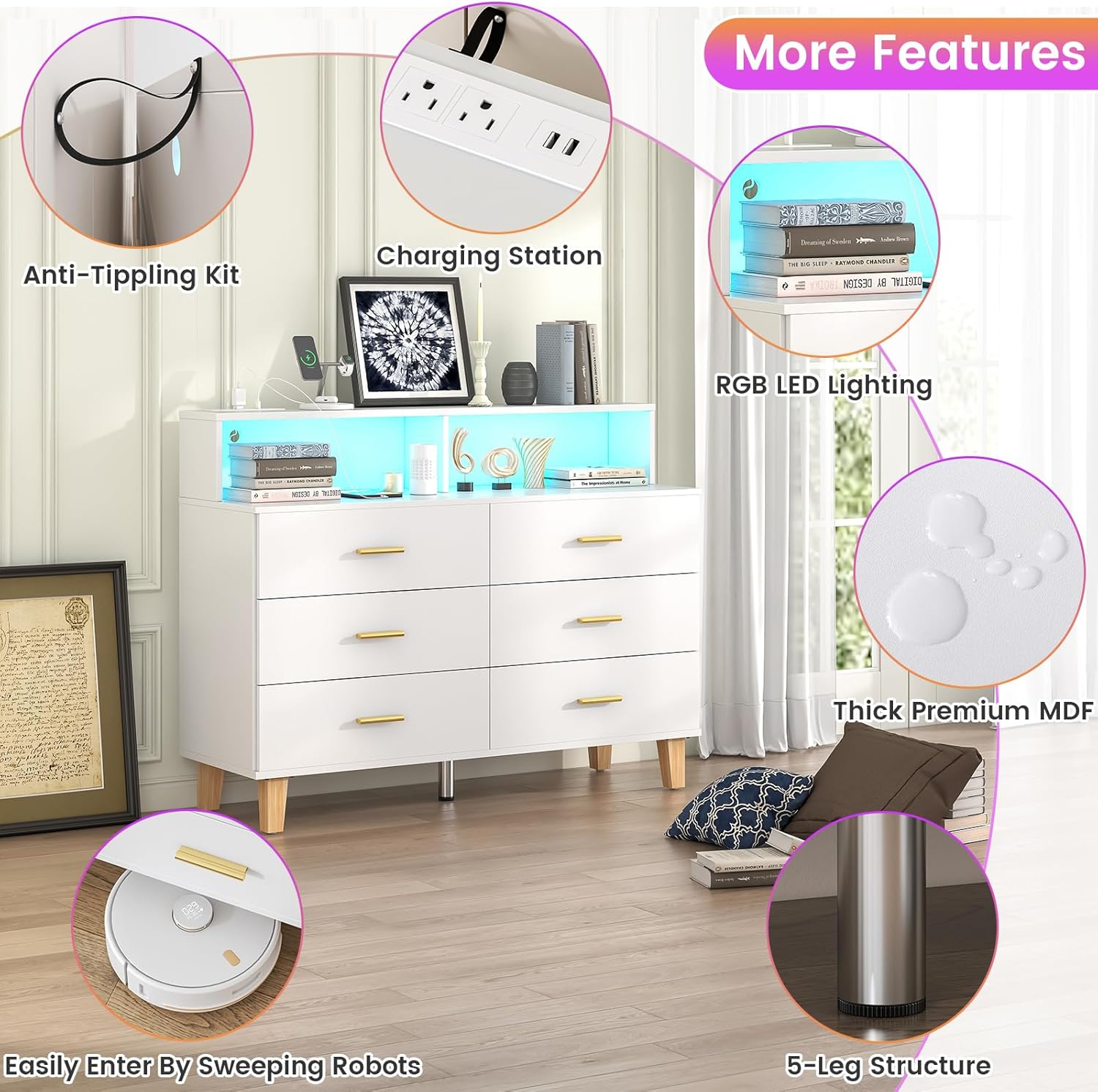 White 6 Drawer Dresser for Bedroom, Chest of Drawers with LED Light and Power Outlet, Tall Wide Dresser for Organizer Cabinet Bedroom,Living Room,Hallway, Entryway