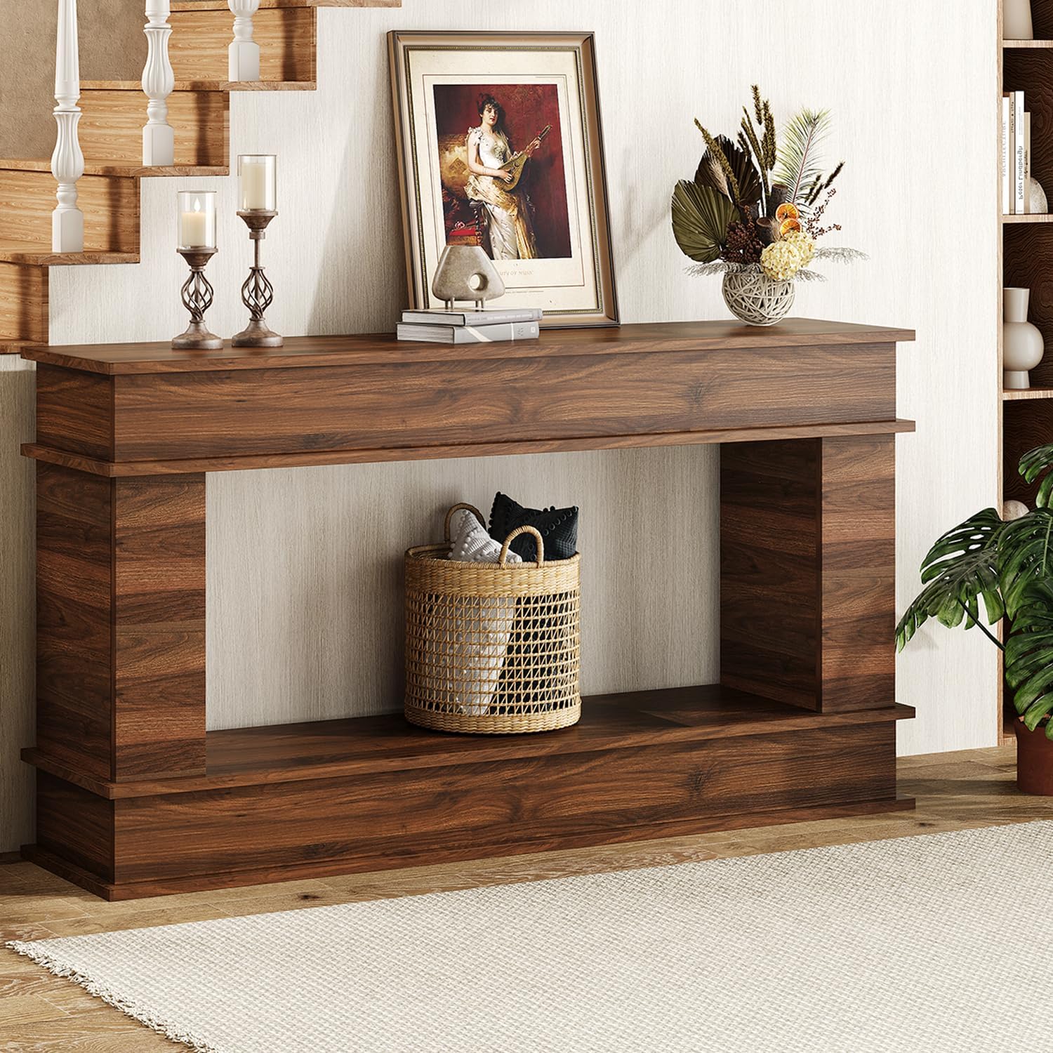 63-Inch Long Console Table, Farmhouse Entryway Table with Open-Back Storage, Wood Narrow Entry Table Couch Table behind Sofa, Modern Entrance Table for Living Room, Hallway, Foyer, Behind Couch,Walnut