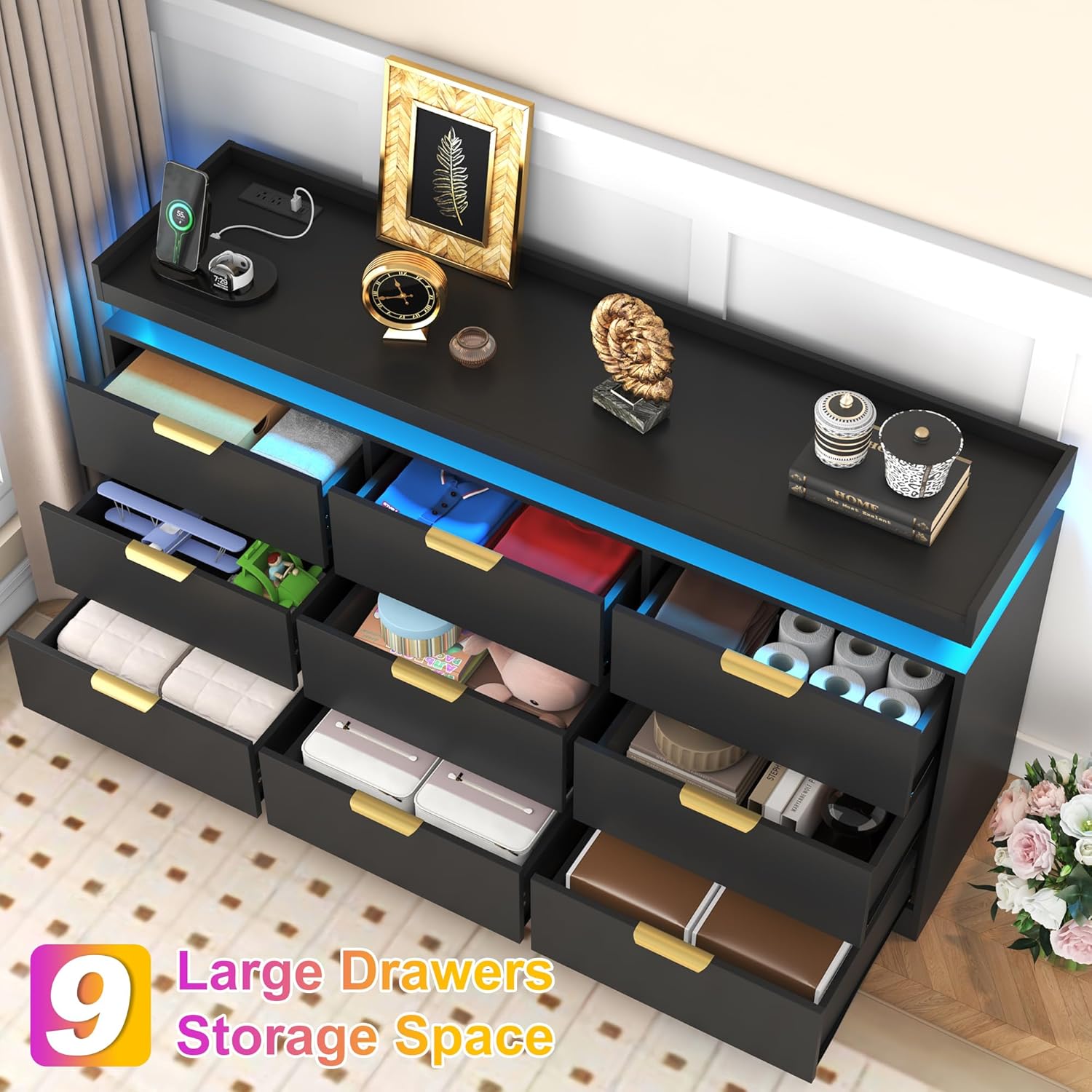 9 Drawer Dresser for Bedroom, Black Dresser with LED Lights and Power Outlet, Large Wooden Dressers Modern Chest of Drawers, Triple Wide Drawer Organizer Cabinet for Bedroom, Entryway, Hallway