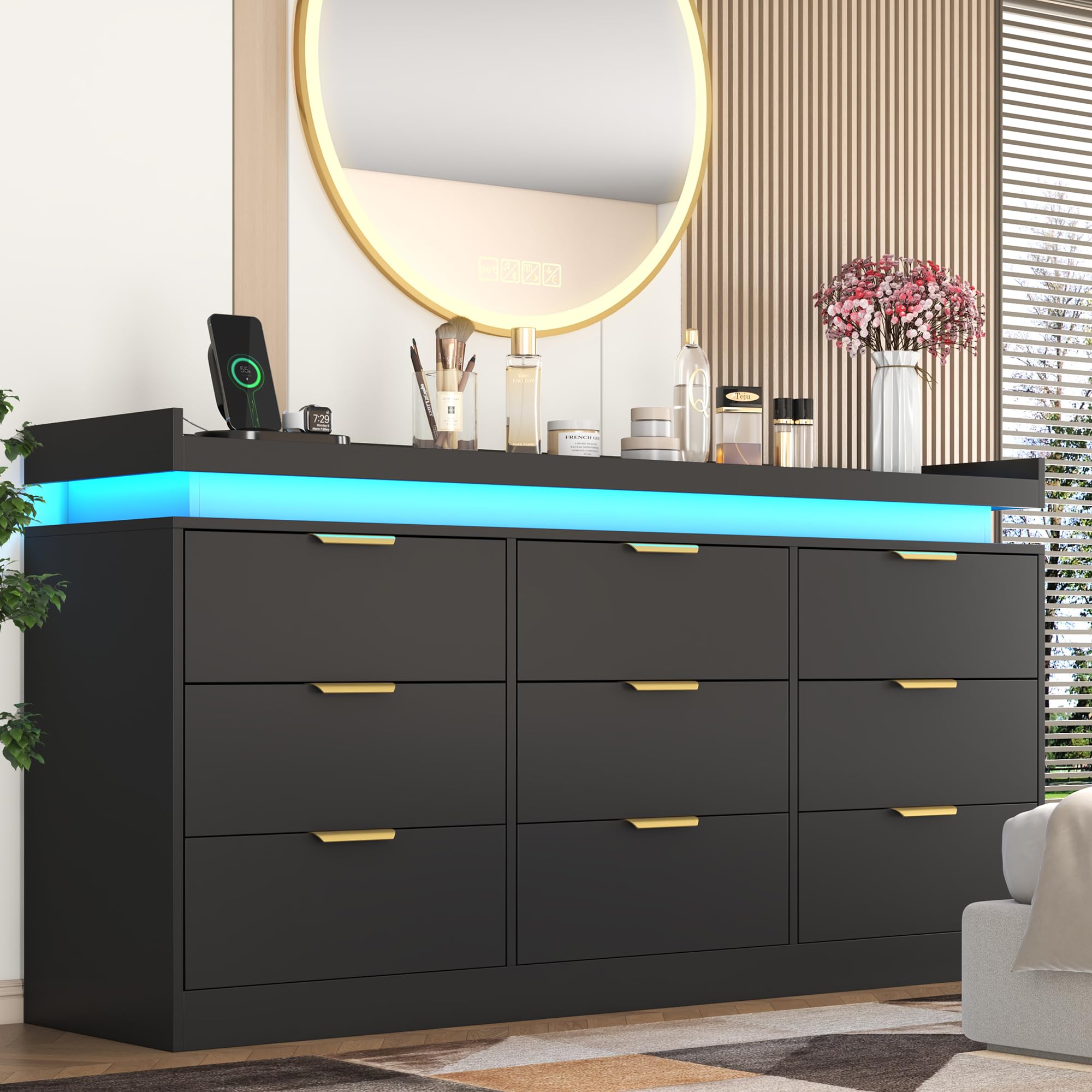 Tall Dresser for Bedroom, Black Dresser with LED Lights, Wood 5 Drawer Chest with Power Outlet, Modern Chest of Drawers for Bedroom, Living Room, Entryway, Hallway