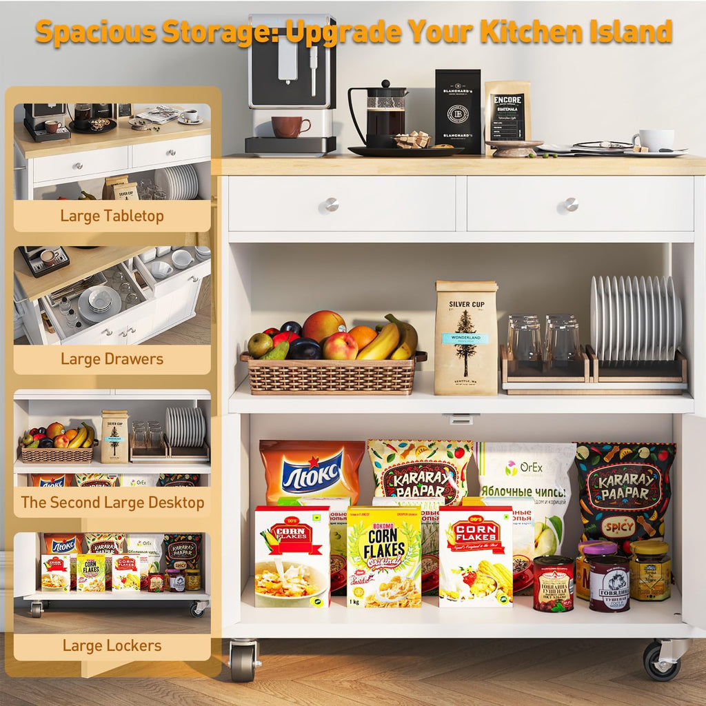 Rolling Kitchen Island with Storage Cabinet, 35.4'' Width Kitchen Cart, 2 Drawers Island Table, Portable Mobile Kitchen Island with Towel Rack, Wood Top and Lockable Wheels, White