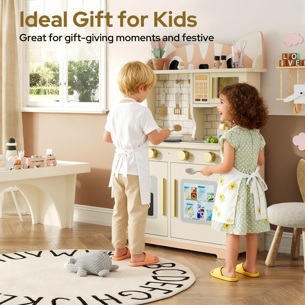 Wooden Play Kitchen for Ages 3-8 Babies, Cat Design Kitchen Playset with Microwave, Stove, Sink, Clicking Knobs, Kids Children Pretend Toy for Boys and Girls, White