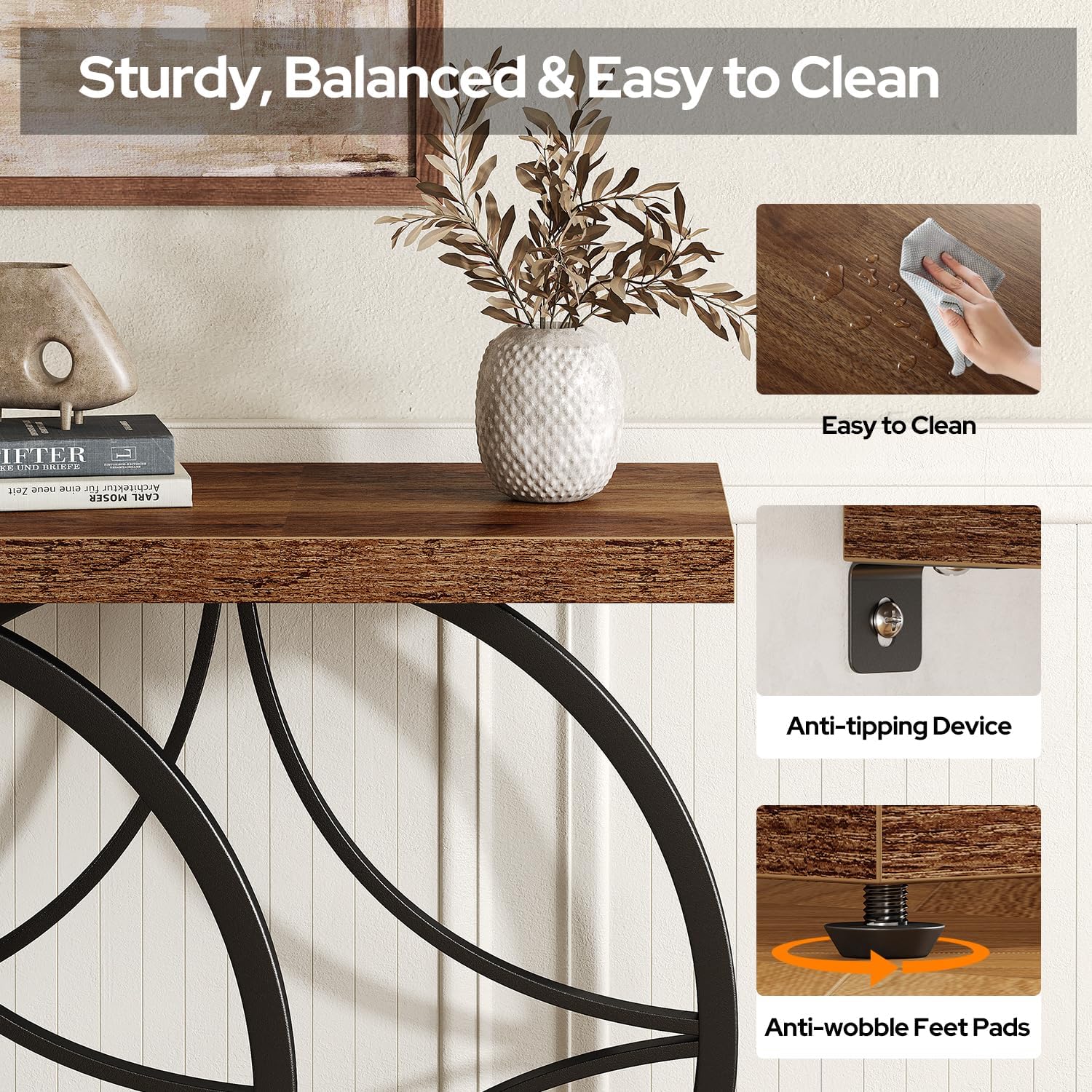 39.4" Console Table, Industrial Entryway Table with Anti-Tilt Design, Narrow Wood Accent Sofa Table Behind Couch with Double Circle Base for Entryway, Living Room, Hallway, Foyer