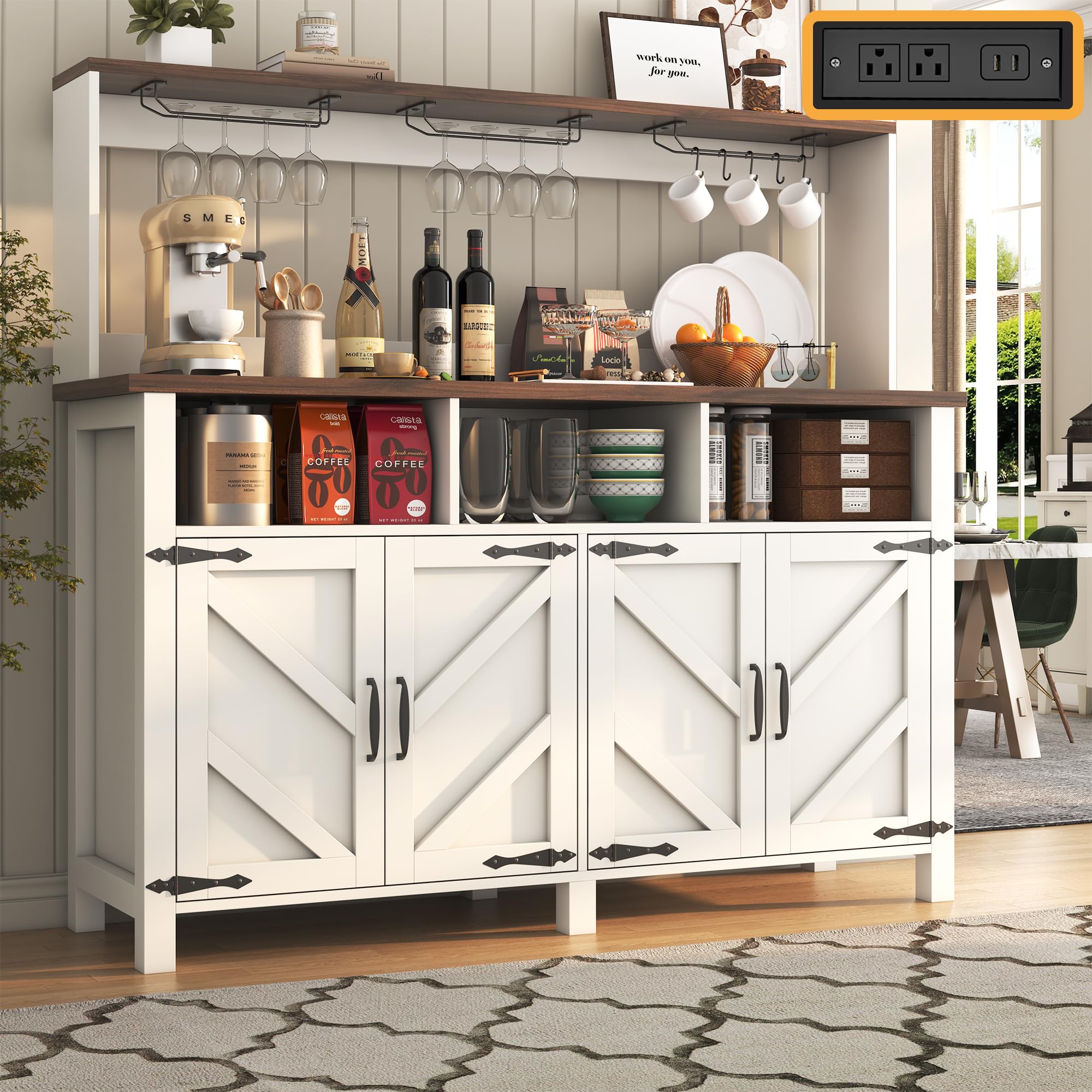 Buffet Sideboard with Storage Farmhouse with 4 Doors, 47'' Large Kitchen Storage Cabinet Wood Coffee Bar Cabinet Buffet Table with Shelves for Kitchen, Dining Room, Entryway