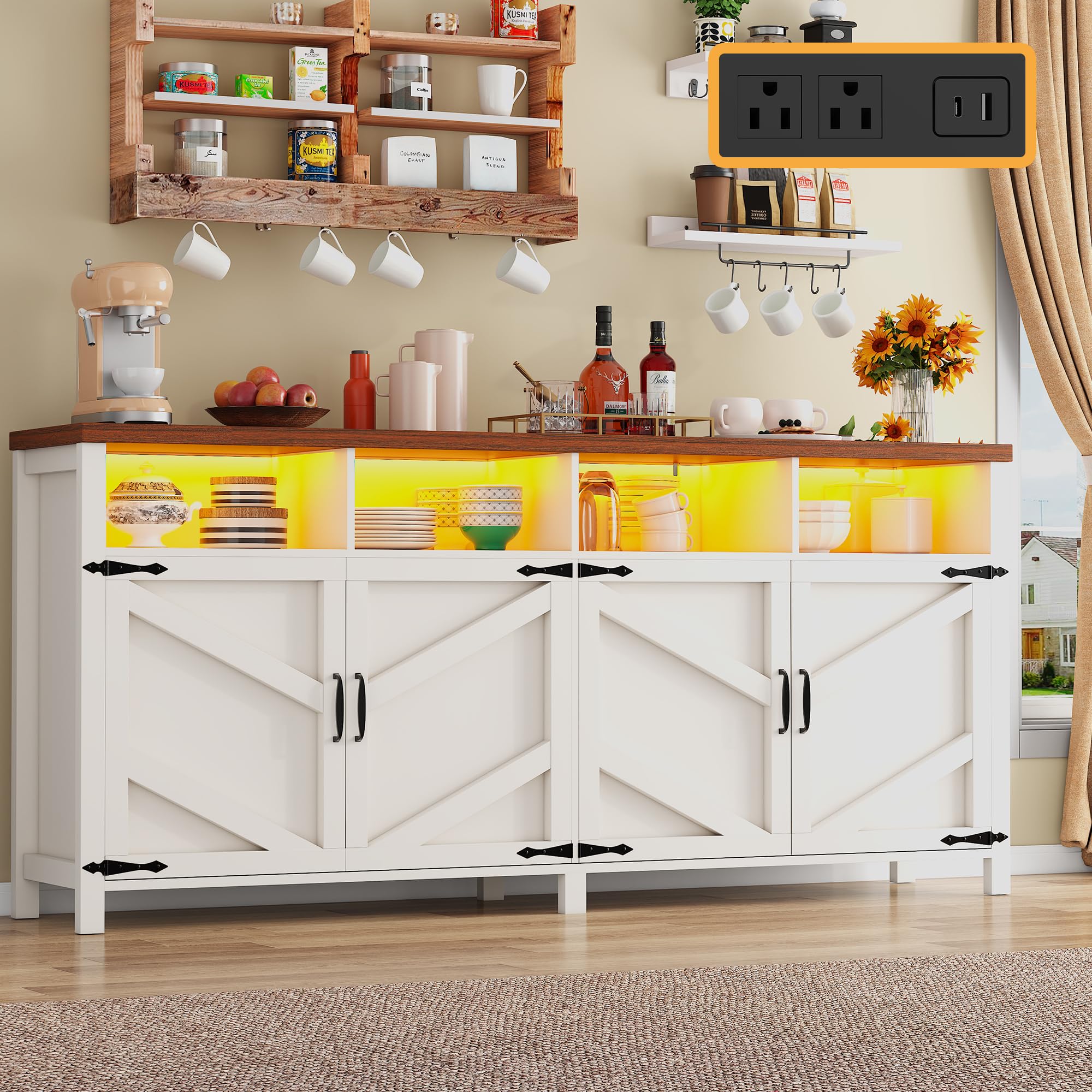 Buffet Sideboard with Storage Farmhouse with 4 Doors, 55'' Large Kitchen Storage Cabinet Wood Coffee Bar Cabinet Buffet Table with Shelves for Kitchen, Dining Room, Entryway