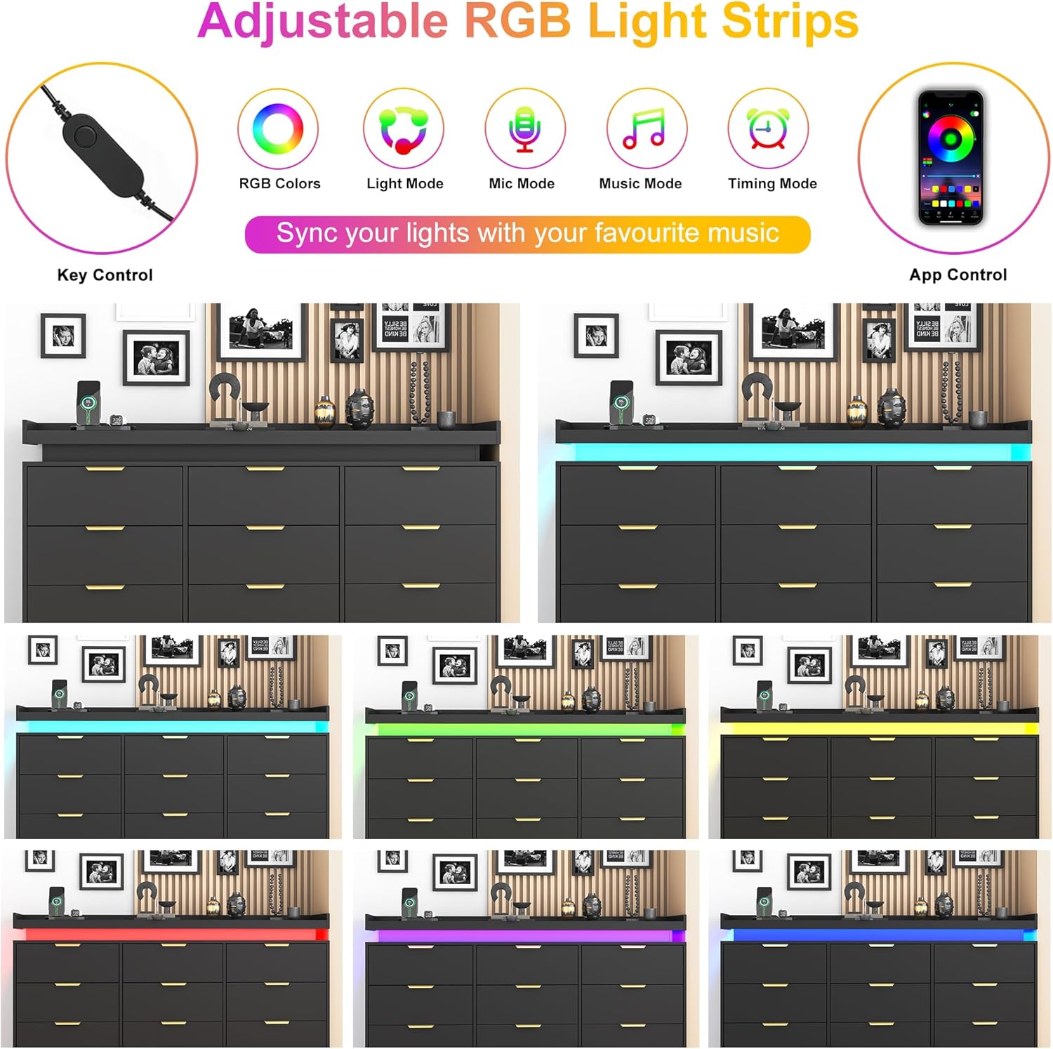 9 Drawer Dresser for Bedroom, Black Dresser with LED Lights and Power Outlet, Large Wooden Dressers Modern Chest of Drawers, Triple Wide Drawer Organizer Cabinet for Bedroom, Entryway, Hallway