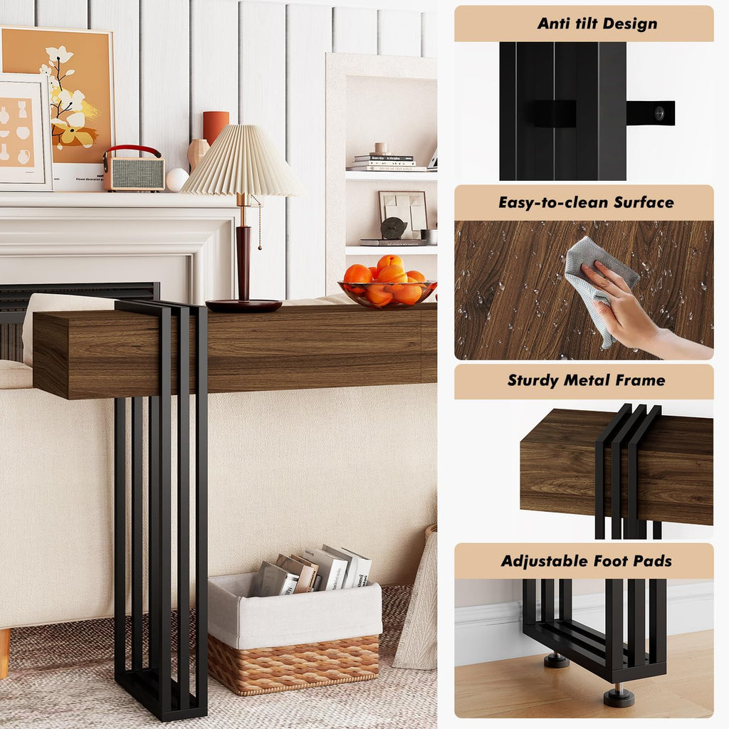 63 Inch Console Table for Entryway, Industrial Sofa Tables Couch Table Behind Sofa for Living Room Hallway Foyer, Walnut