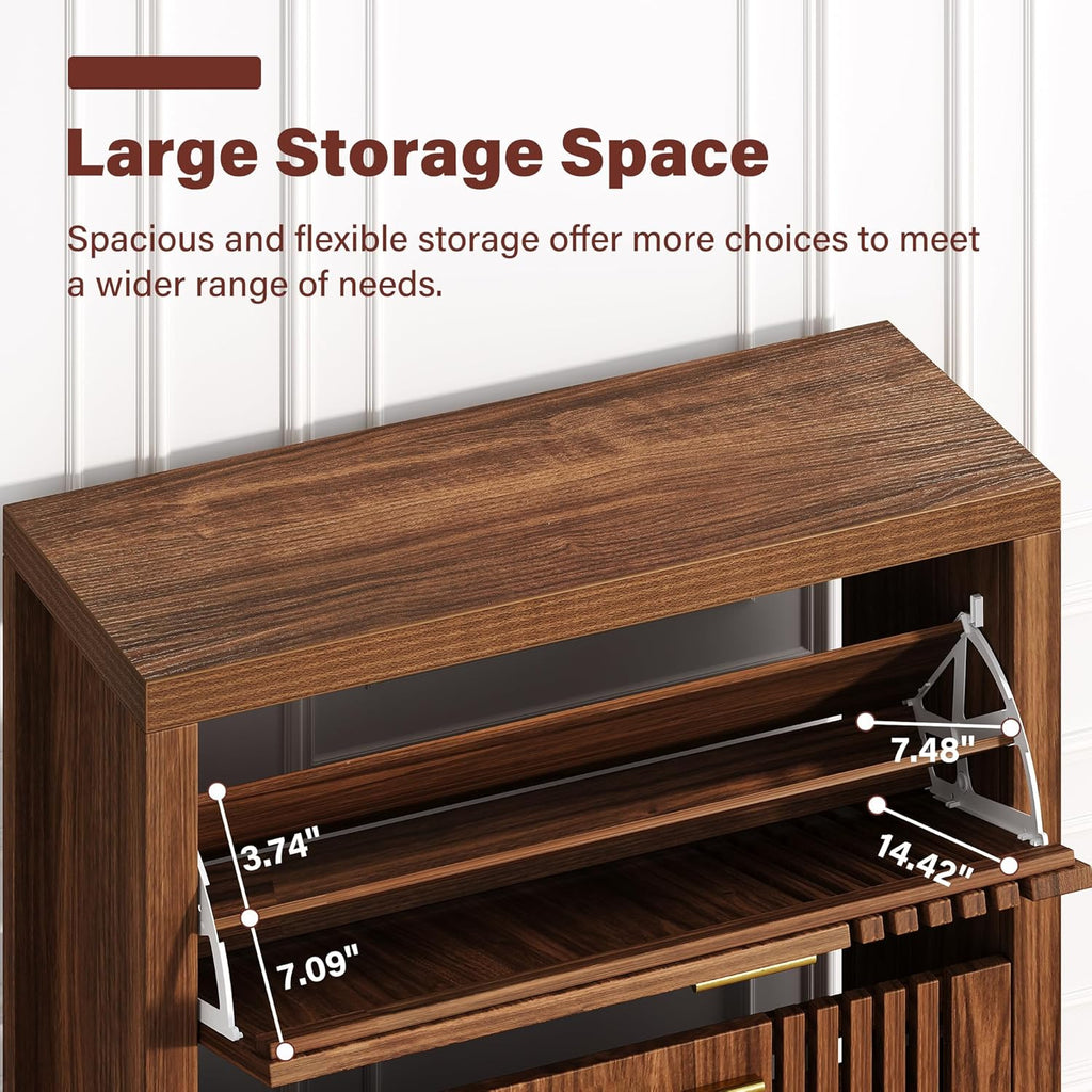 Shoe Storage Cabinet for Entryway with 2 Flip Drawers, 31.5" Slim Fluted Shoe Organizer Cabinet, Narrow Wooden Shoe Rack Cabinet, Freestanding Hidden Shoe Cabinet for Hallway, Entrance (Walnut)