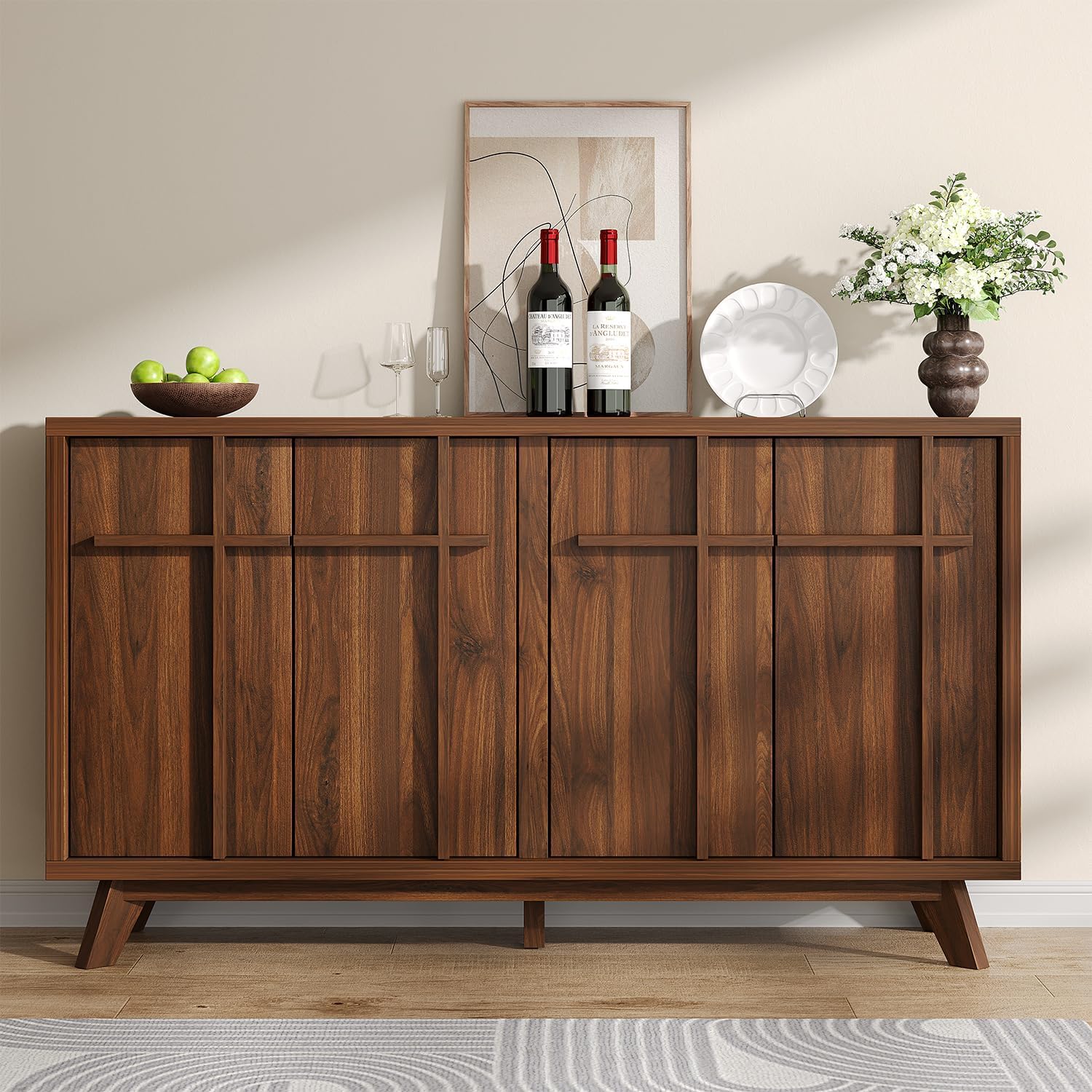 Sideboard Buffet Cabinet with Storage, 59" Modern Credenza with 4 Doors & Adjustable Shelves, Wood Console Cabinet for Living Room Kitchen Dining Room Hallway (Walnut)