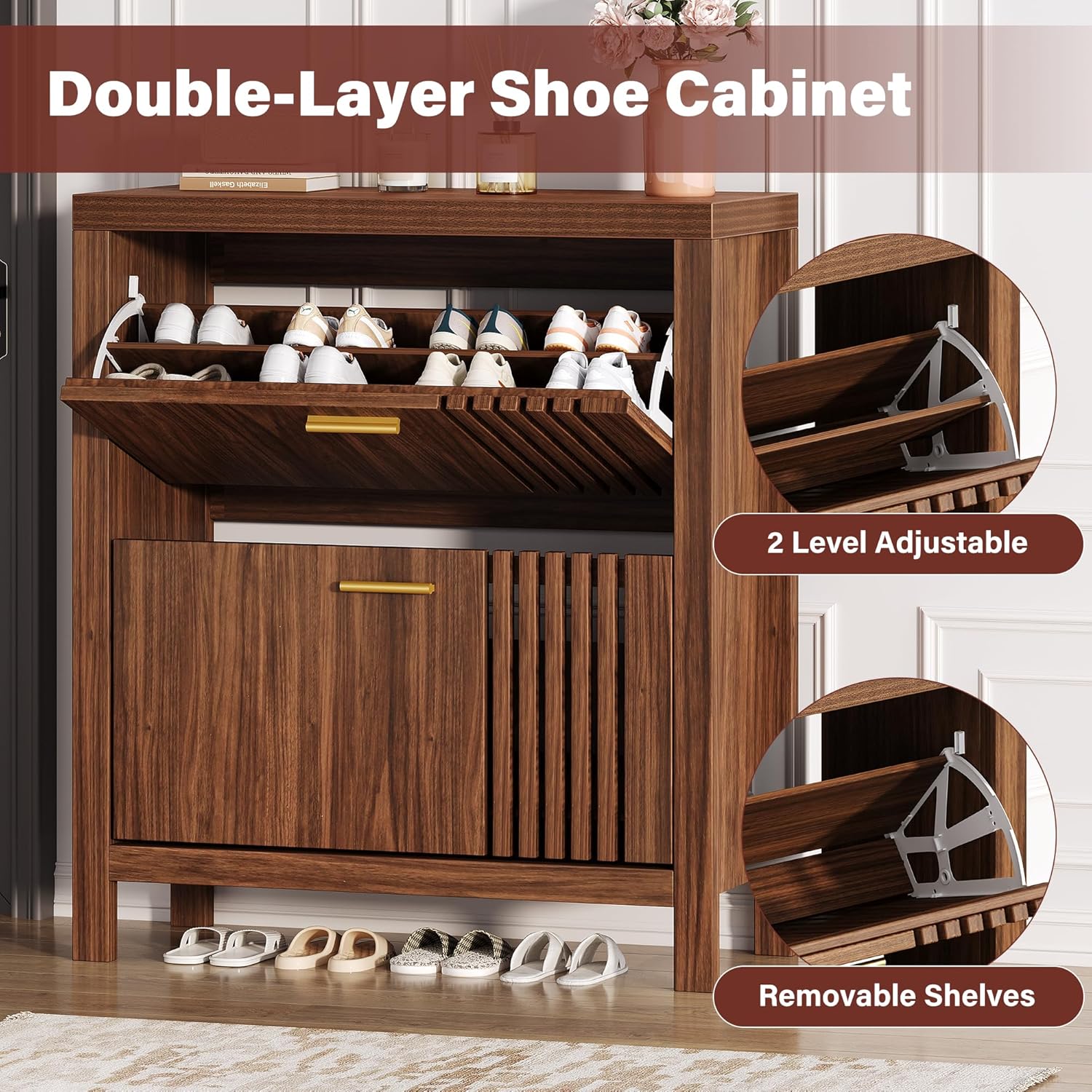 Shoe Storage Cabinet for Entryway with 2 Flip Drawers, 31.5" Slim Fluted Shoe Organizer Cabinet, Narrow Wooden Shoe Rack Cabinet, Freestanding Hidden Shoe Cabinet for Hallway, Entrance (Walnut)