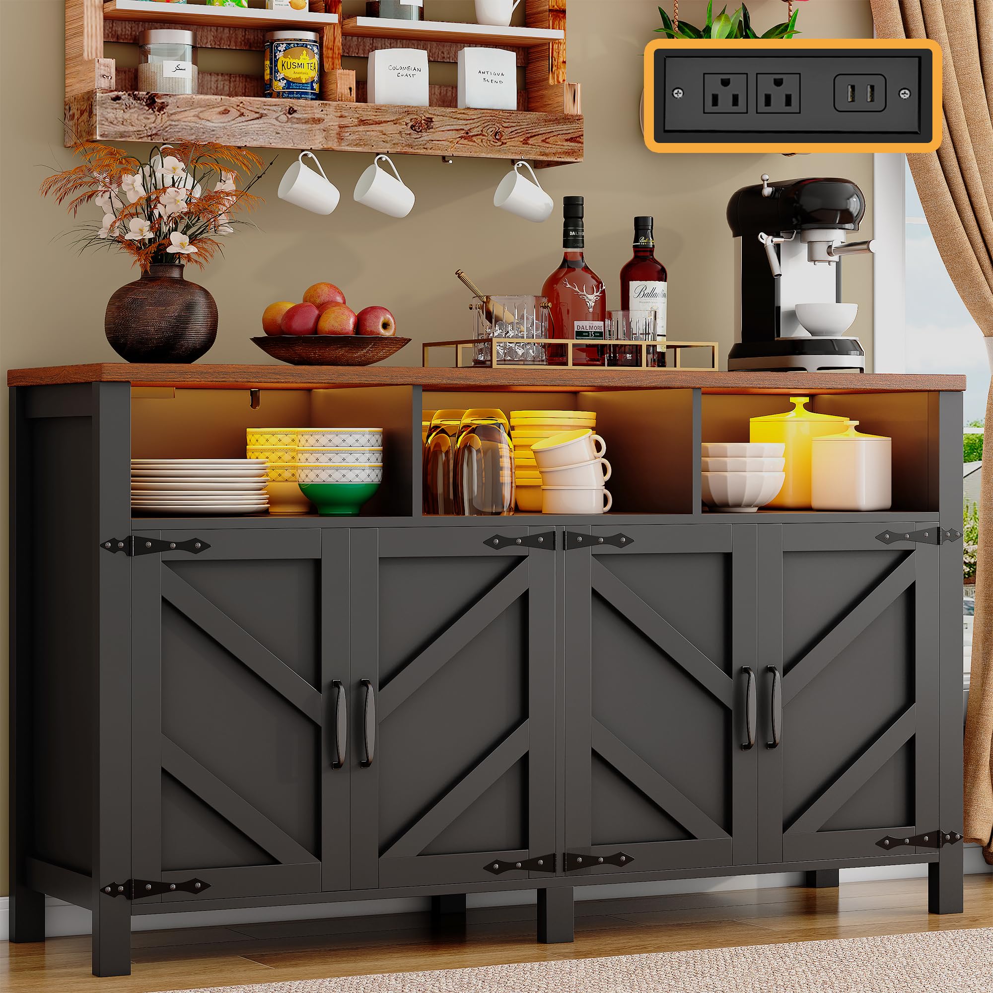 Buffet Sideboard with Storage Farmhouse with 4 Doors, 47'' Large Kitchen Storage Cabinet Wood Coffee Bar Cabinet Buffet Table with Shelves for Kitchen, Dining Room, Entryway