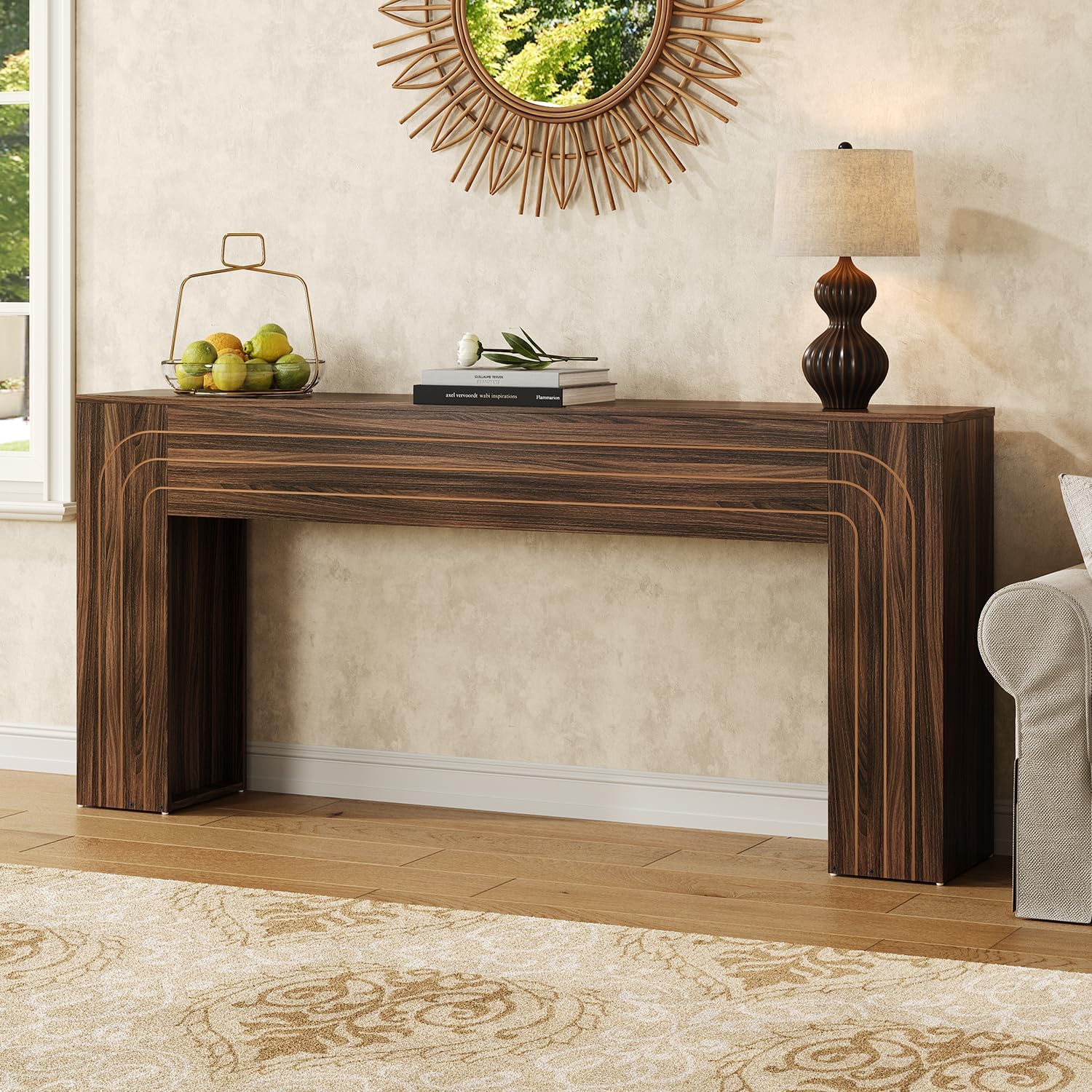 70.9-Inch Long Console Table for Entryway, Farmhouse Sofa Table with Handcrafted Line Detailing, Wood Narrow Table for Living Room, Hallway, Foyer, and Behind Couch