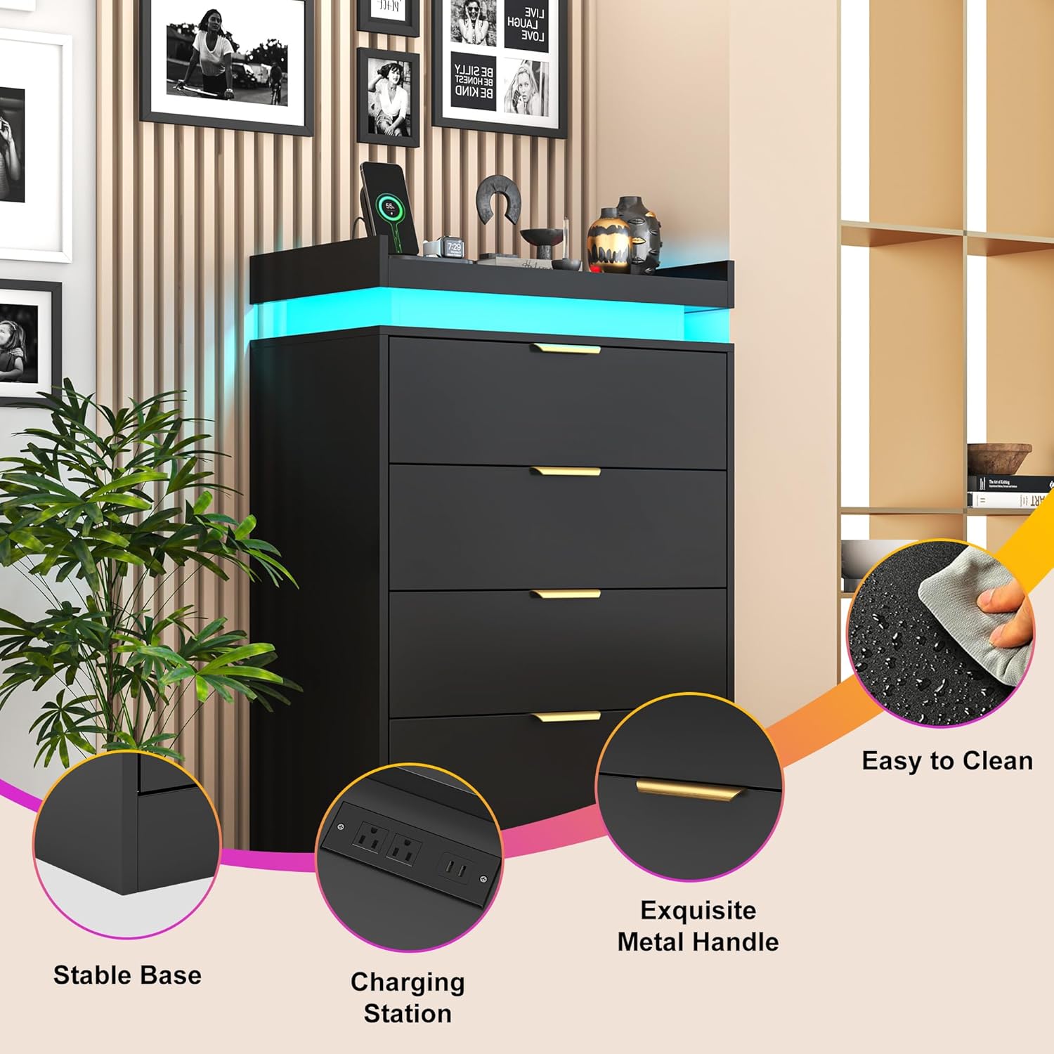 Tall Dresser for Bedroom, Black Dresser with LED Lights, Wood 5 Drawer Chest with Power Outlet, Modern Chest of Drawers for Bedroom, Living Room, Entryway, Hallway