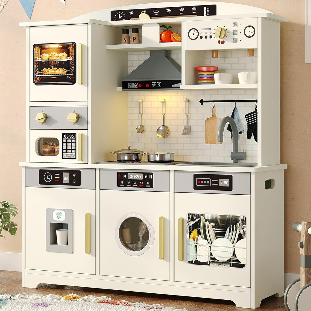 Play Kitchen for Kids, Wooden Toy Kitchen Set with Plenty of Play Features & Accessories, Toddler Kitchen Playset, Pretend Play Kitchen, Gift for Ages 3+