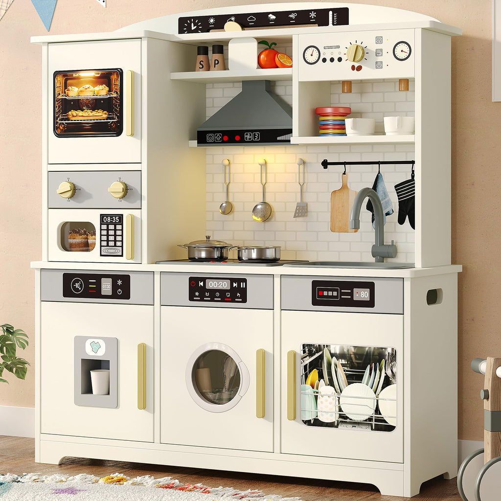 Play Kitchen for Kids, Wooden Toy Kitchen Set with Plenty of Play Features & Accessories, Toddler Kitchen Playset, Pretend Play Kitchen, Gift for Ages 3+