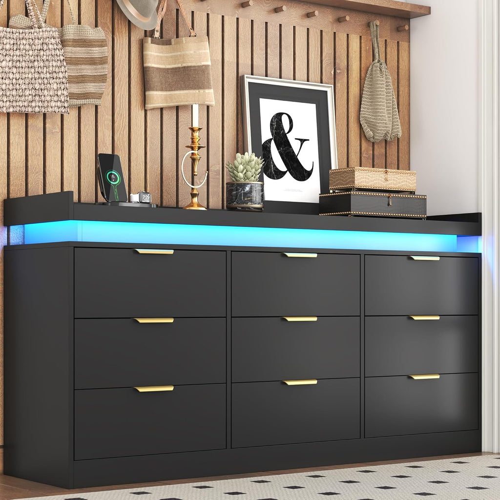 9 Drawer Dresser for Bedroom, Black Dresser with LED Lights and Power Outlet, Large Wooden Dressers Modern Chest of Drawers, Triple Wide Drawer Organizer Cabinet for Bedroom, Entryway, Hallway