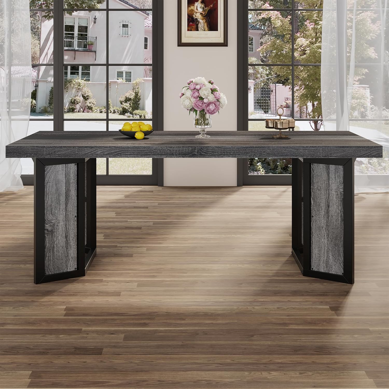 Industrial Dining Table for 6-8 People, 71" Large Long Wooden Kitchen Table with Sturdy Metal Frame & Brown Finish, Rustic Style Rectangular Dinner Table for Dining Room, Kitchen (Oak Gray)