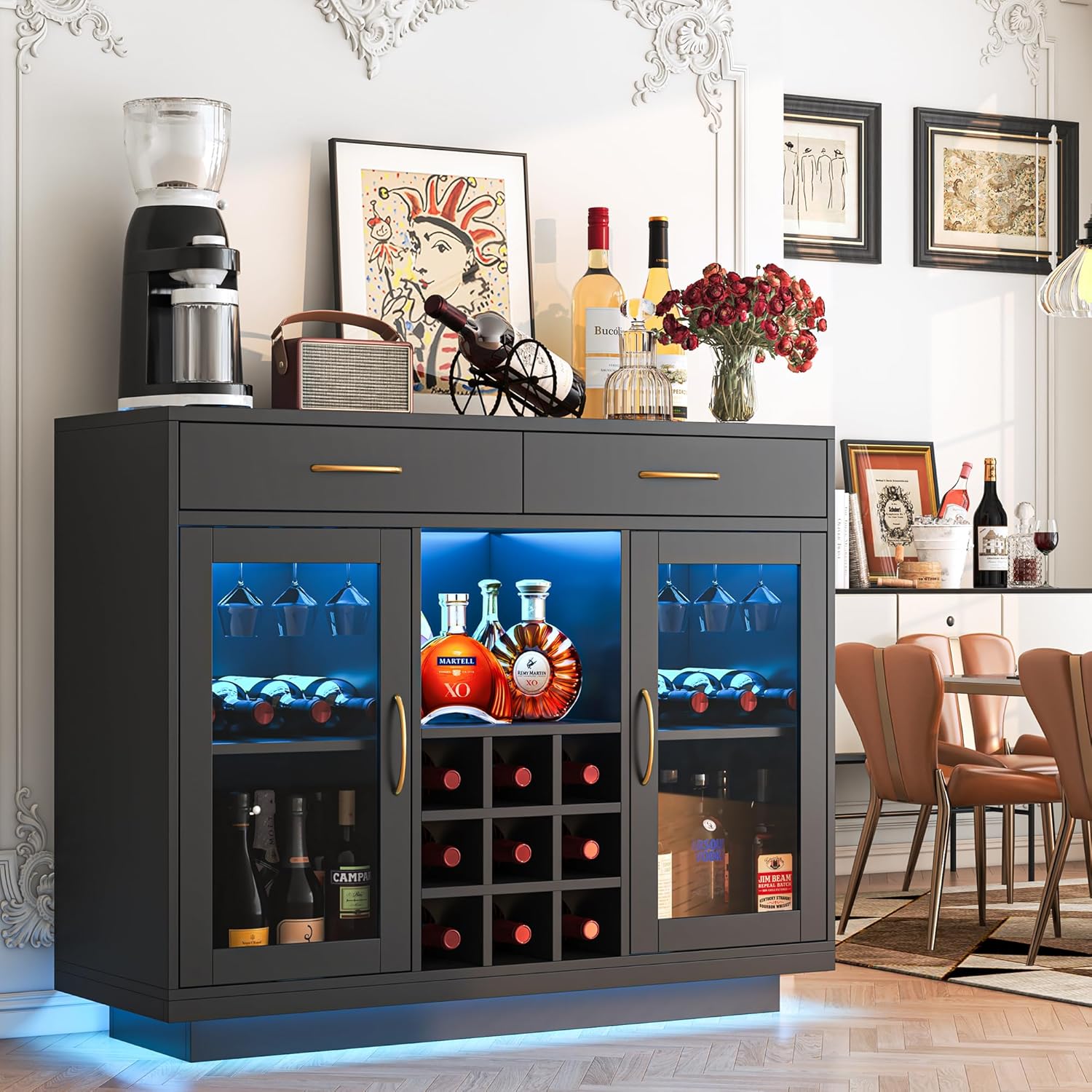 Wine Bar Cabinet with LED Lights, Coffee Bar Cabinet with Wine and Glass Rack, Black Bar Cabinet Liquor Cabinet, Kitchen Buffet Sideboard with Storage for Living Room, Dining Room
