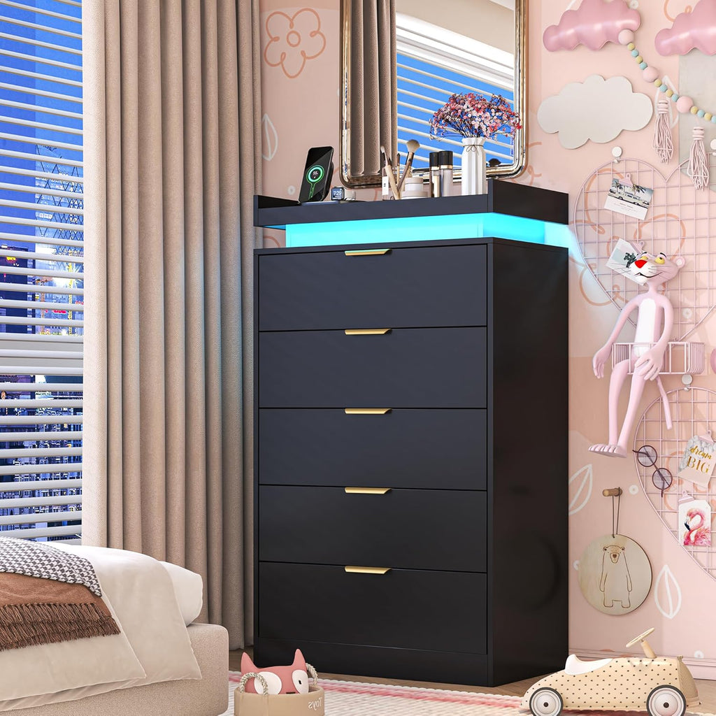 Tall Dresser for Bedroom, Black Dresser with LED Lights, Wood 5 Drawer Chest with Power Outlet, Modern Chest of Drawers for Bedroom, Living Room, Entryway, Hallway