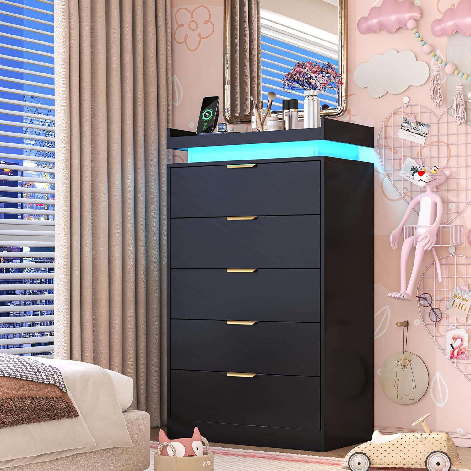 Tall Dresser for Bedroom, Black Dresser with LED Lights, Wood 5 Drawer Chest with Power Outlet, Modern Chest of Drawers for Bedroom, Living Room, Entryway, Hallway
