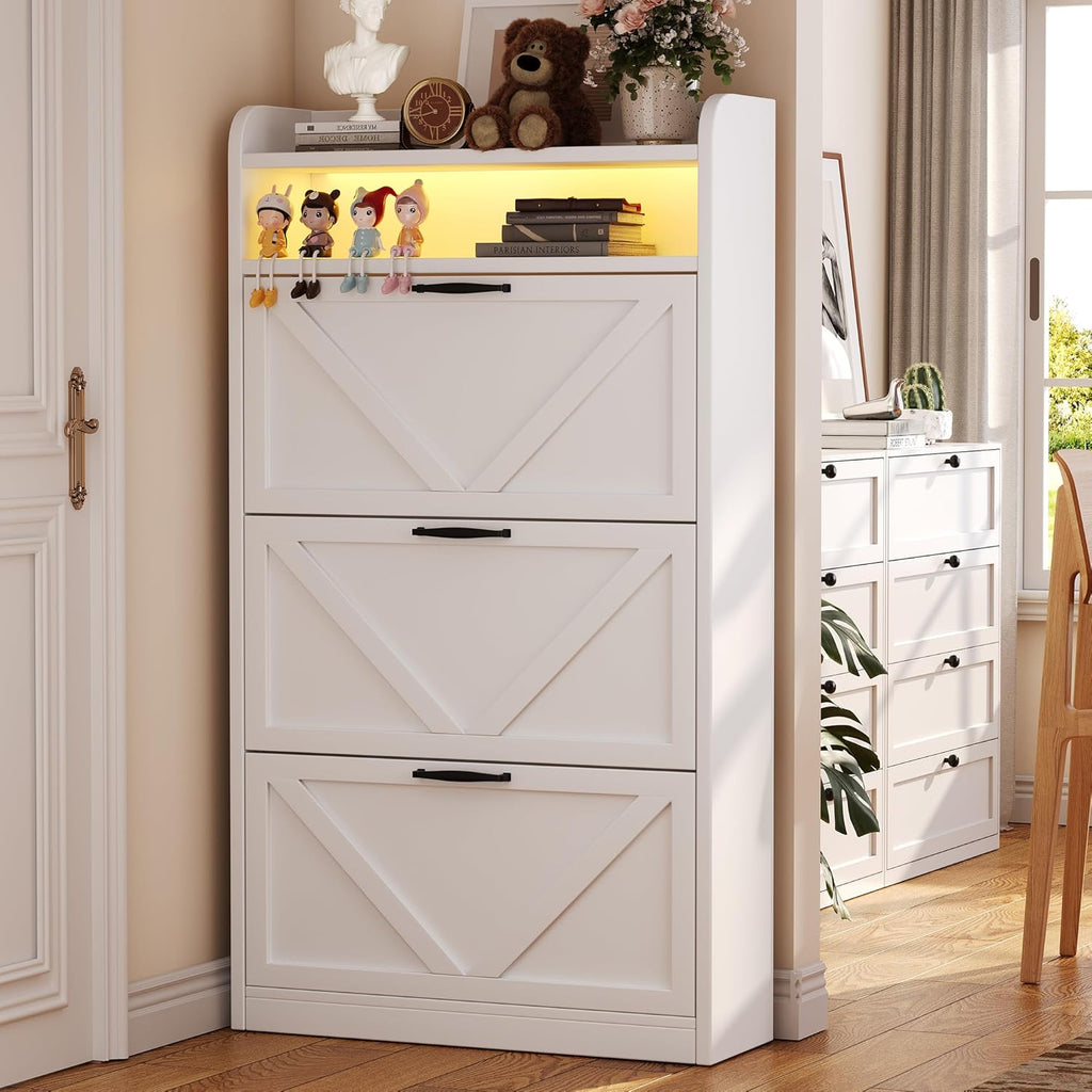 Wooden Shoe Cabinet, Narrow LED Shoe Rack Closed Storage Organizer with Adjustable Shelf, Freestanding Hidden Shoe Cabinet Storage for Entryway,Living Room(3 Drawers with LED, Linen White)