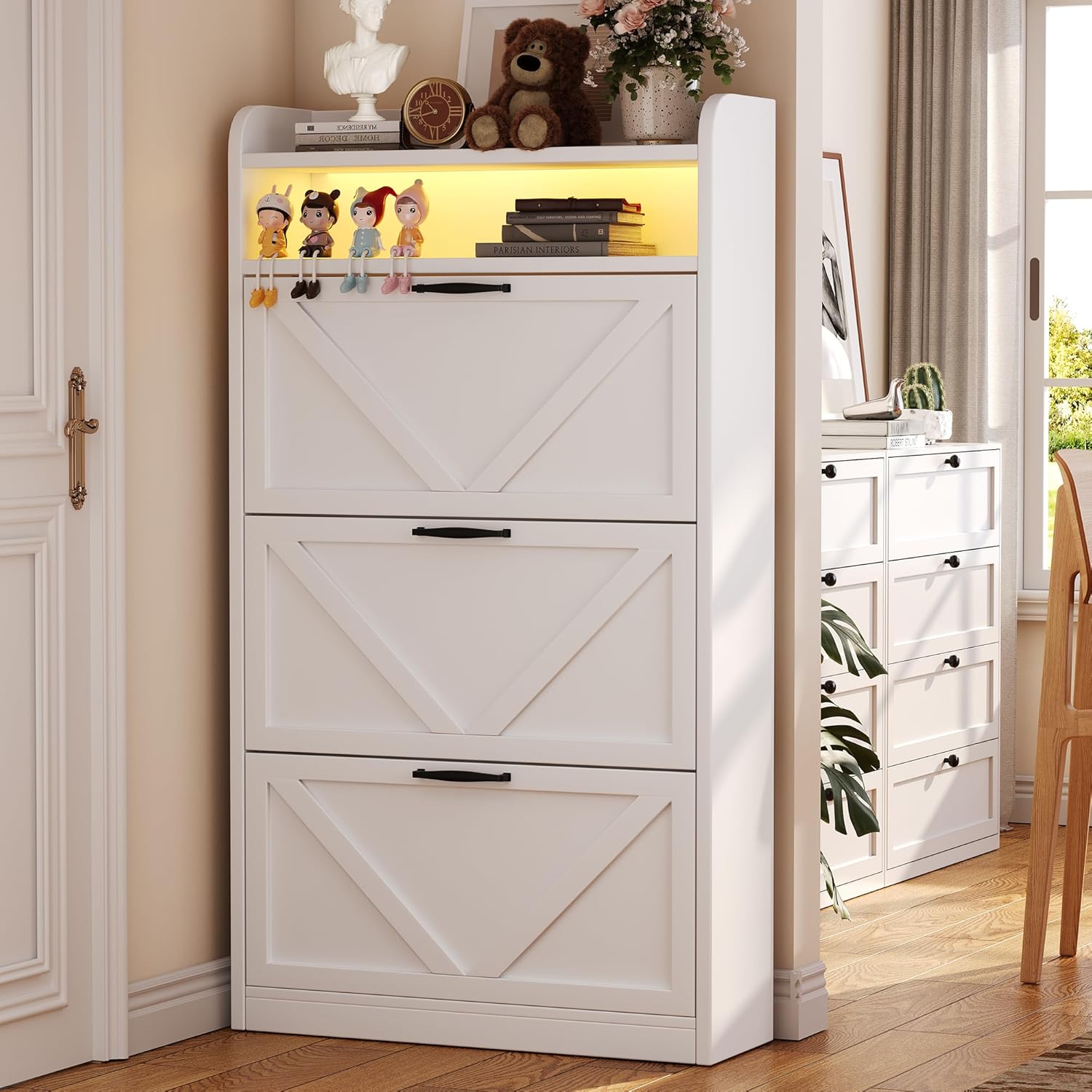 Wooden Shoe Cabinet, Narrow LED Shoe Rack Closed Storage Organizer with Adjustable Shelf, Freestanding Hidden Shoe Cabinet Storage for Entryway,Living Room(3 Drawers with LED, Linen White)